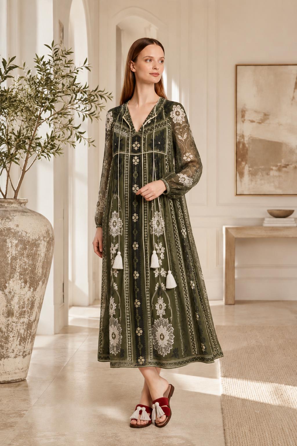 Olive Green Floral Chiffon Midi Dress, Long Sleeves and Tassel Tie