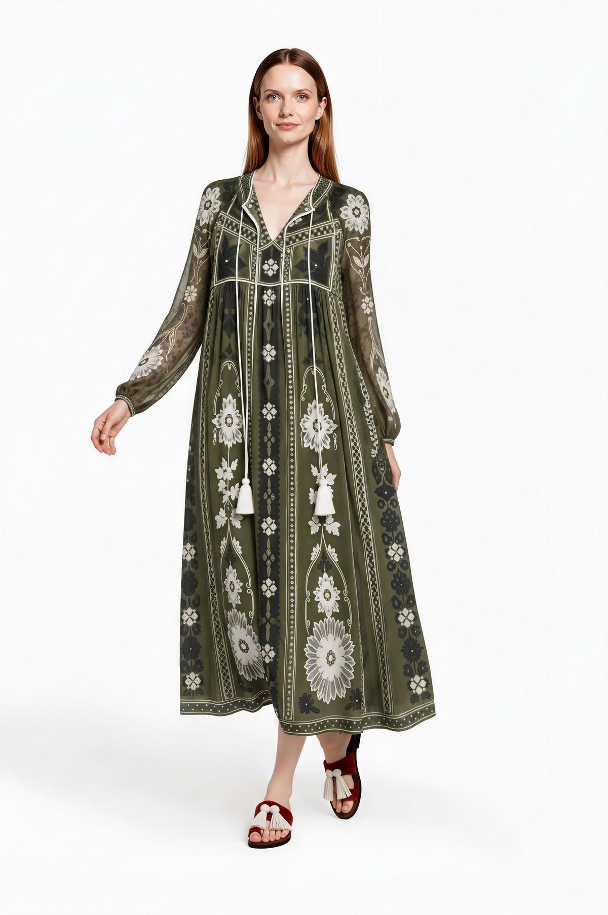 Olive Green Floral Chiffon Midi Dress, Long Sleeves and Tassel Tie