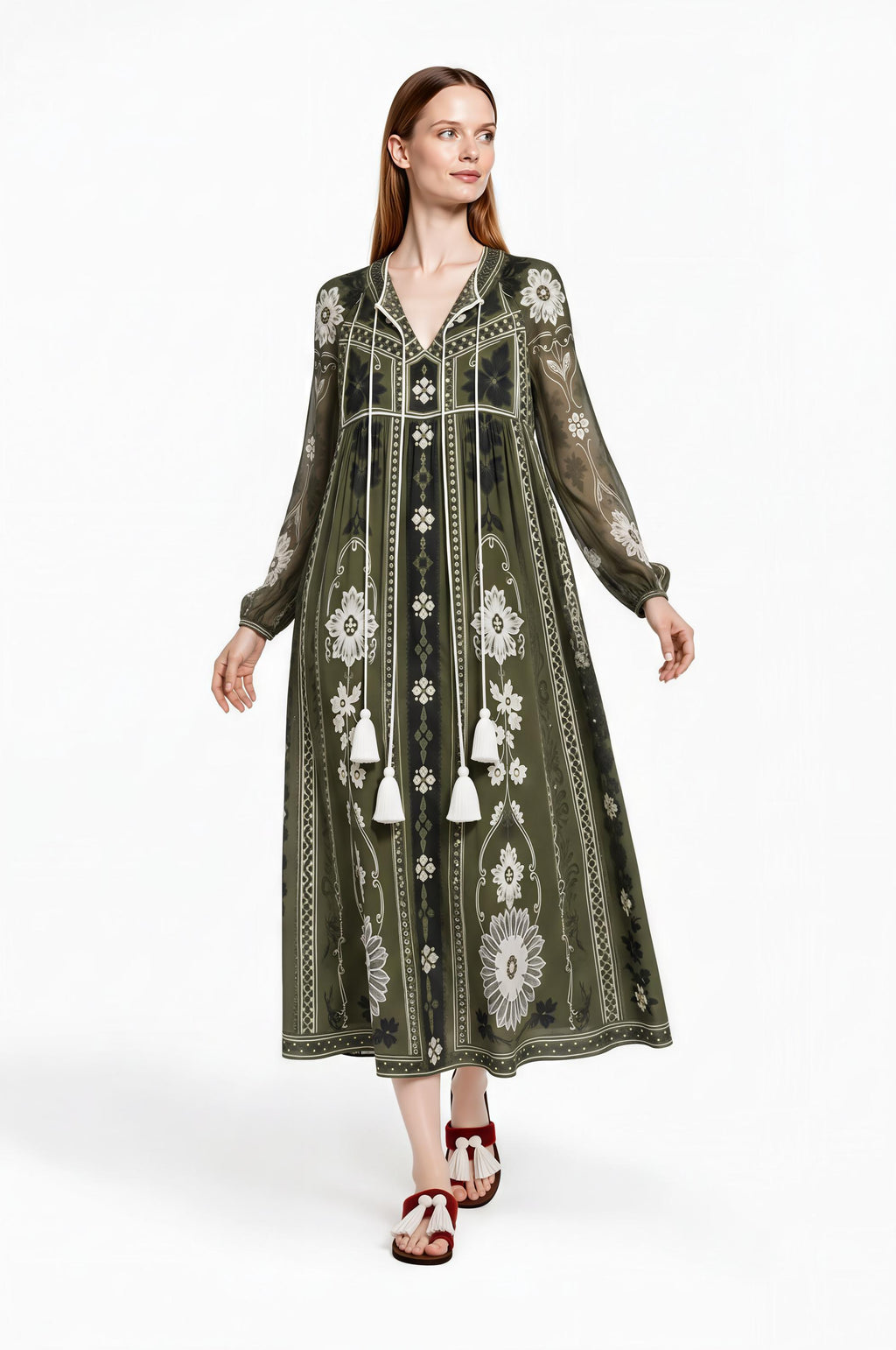 Olive Green Floral Chiffon Midi Dress, Long Sleeves and Tassel Tie