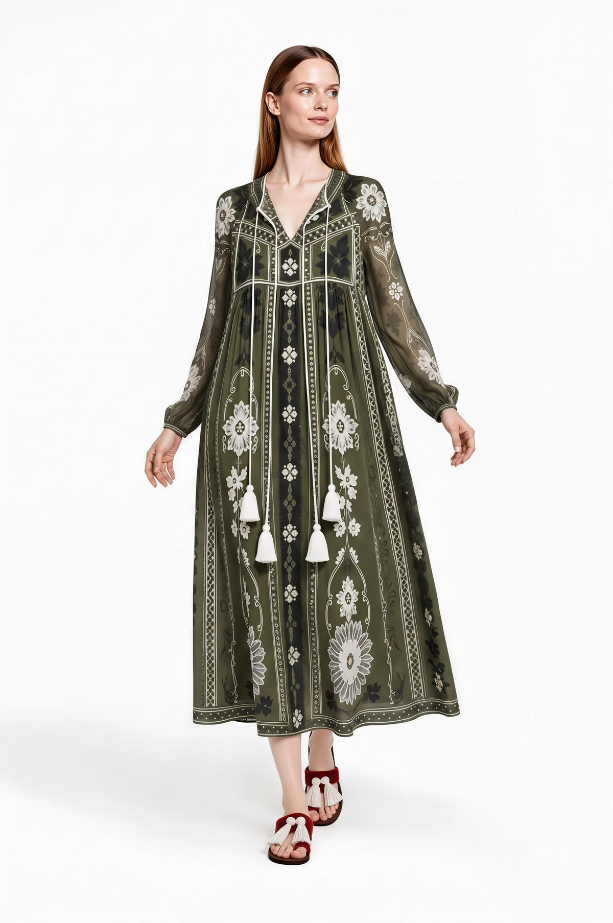 Olive Green Floral Chiffon Midi Dress, Long Sleeves and Tassel Tie