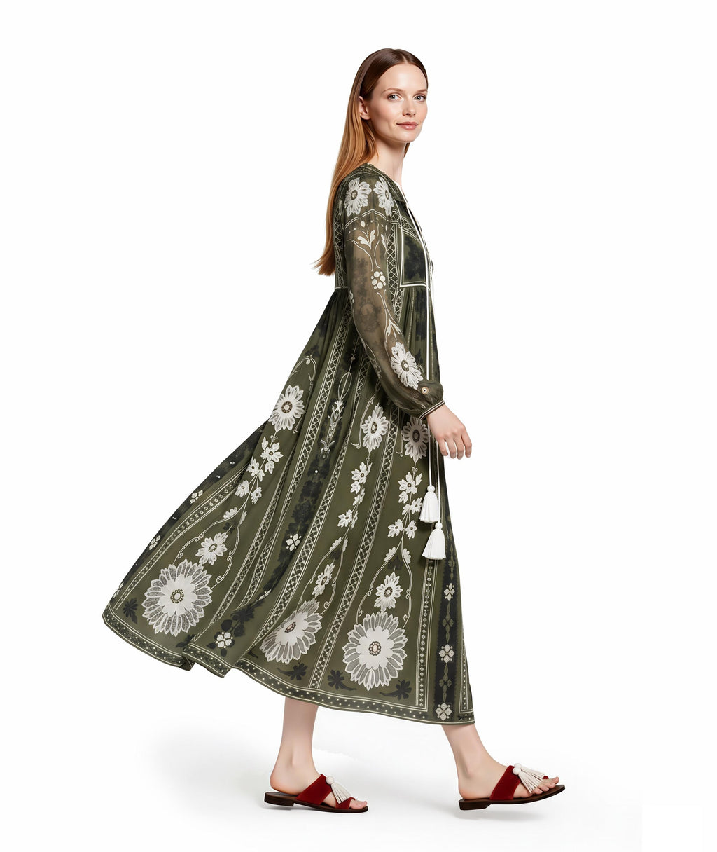 Olive Green Floral Chiffon Midi Dress, Long Sleeves and Tassel Tie