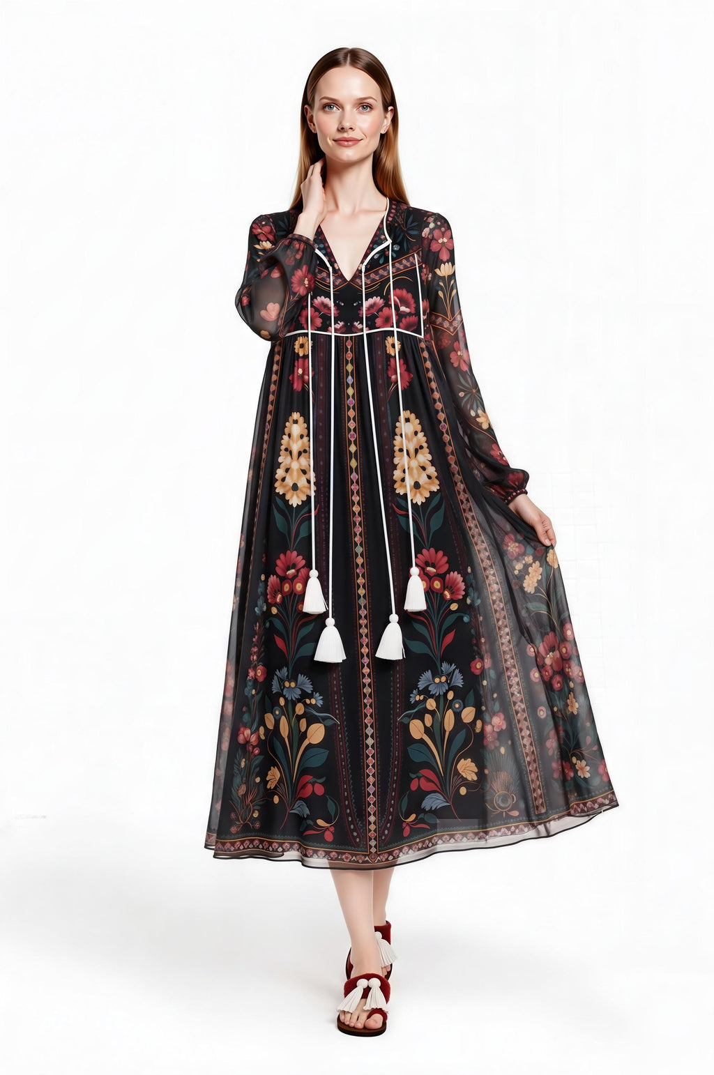 Black Floral Midi Dress, Relaxed A-Line, Tassel Tie, Long Sleeve Vacation Garden Print __etsy:8065874188