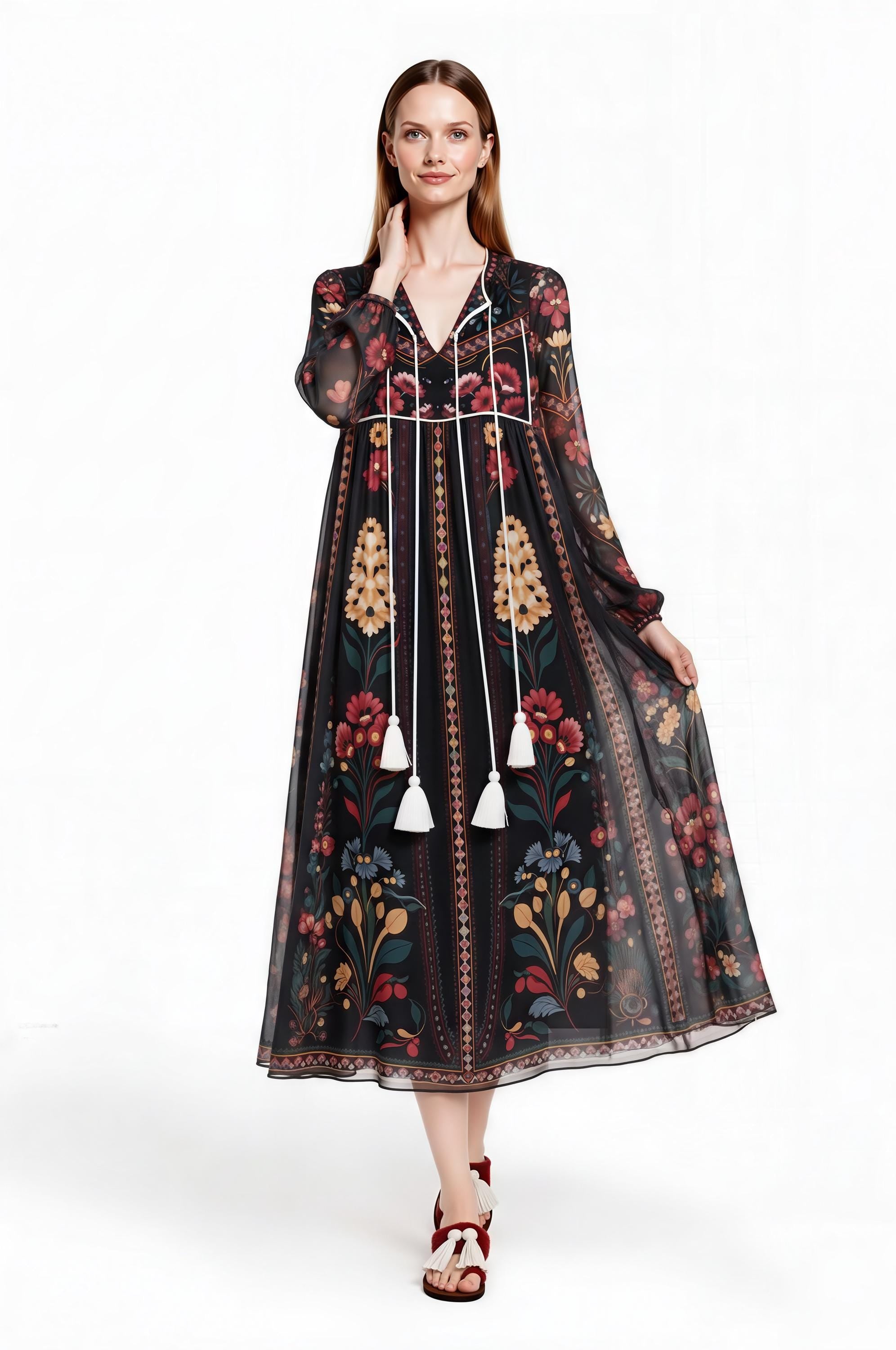 Black Floral Midi Dress, Relaxed A-Line, Tassel Tie, Long Sleeve Vacation Garden Print __etsy:8065874188