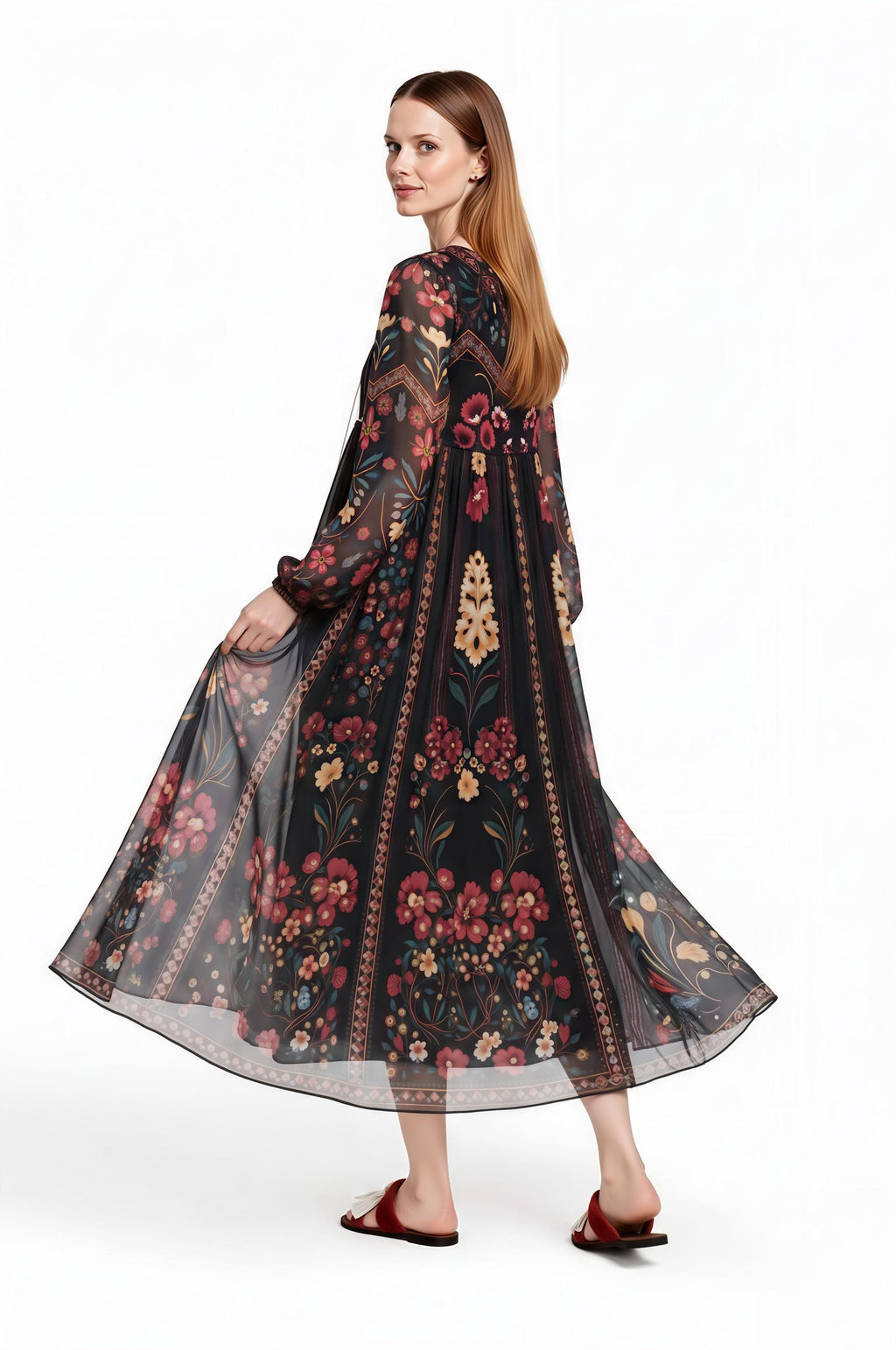 Black Floral Midi Dress, Relaxed A-Line, Tassel Tie, Long Sleeve Vacation Garden Print __etsy:8065874192