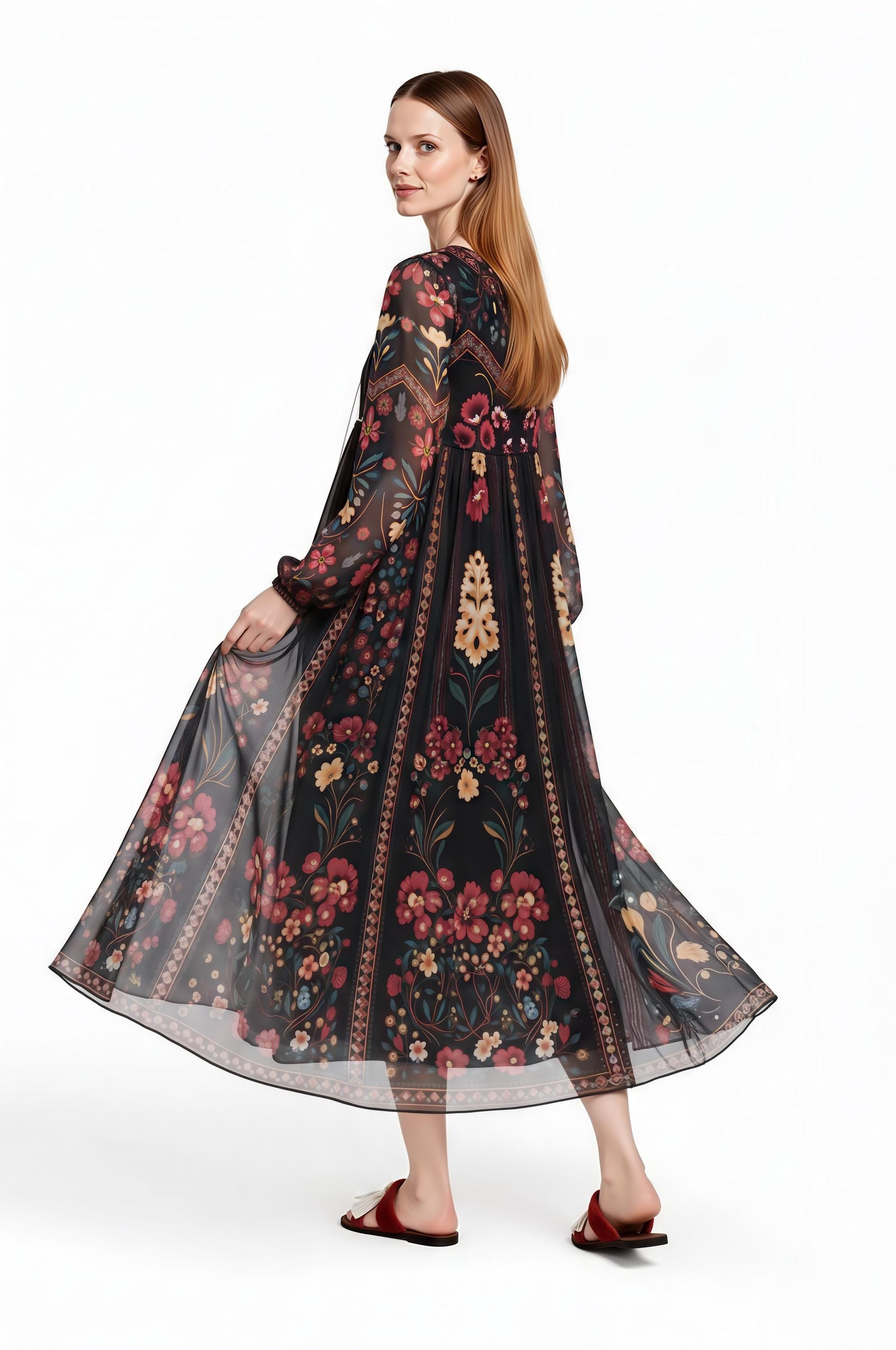 Black Floral Midi Dress, Relaxed A-Line, Tassel Tie, Long Sleeve Vacation Garden Print __etsy:8065874192