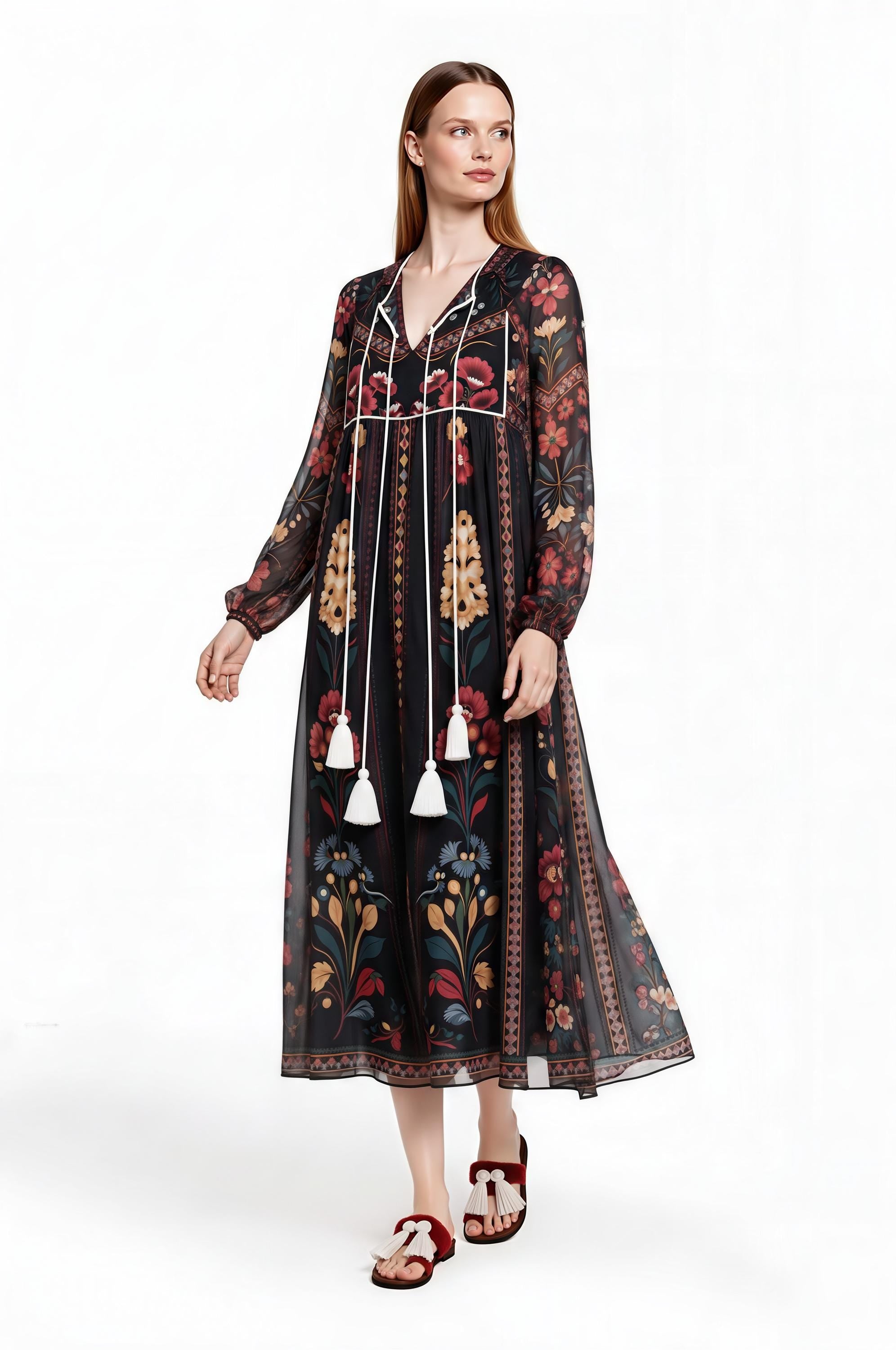 Black Floral Midi Dress, Relaxed A-Line, Tassel Tie, Long Sleeve Vacation Garden Print __etsy:8065874232