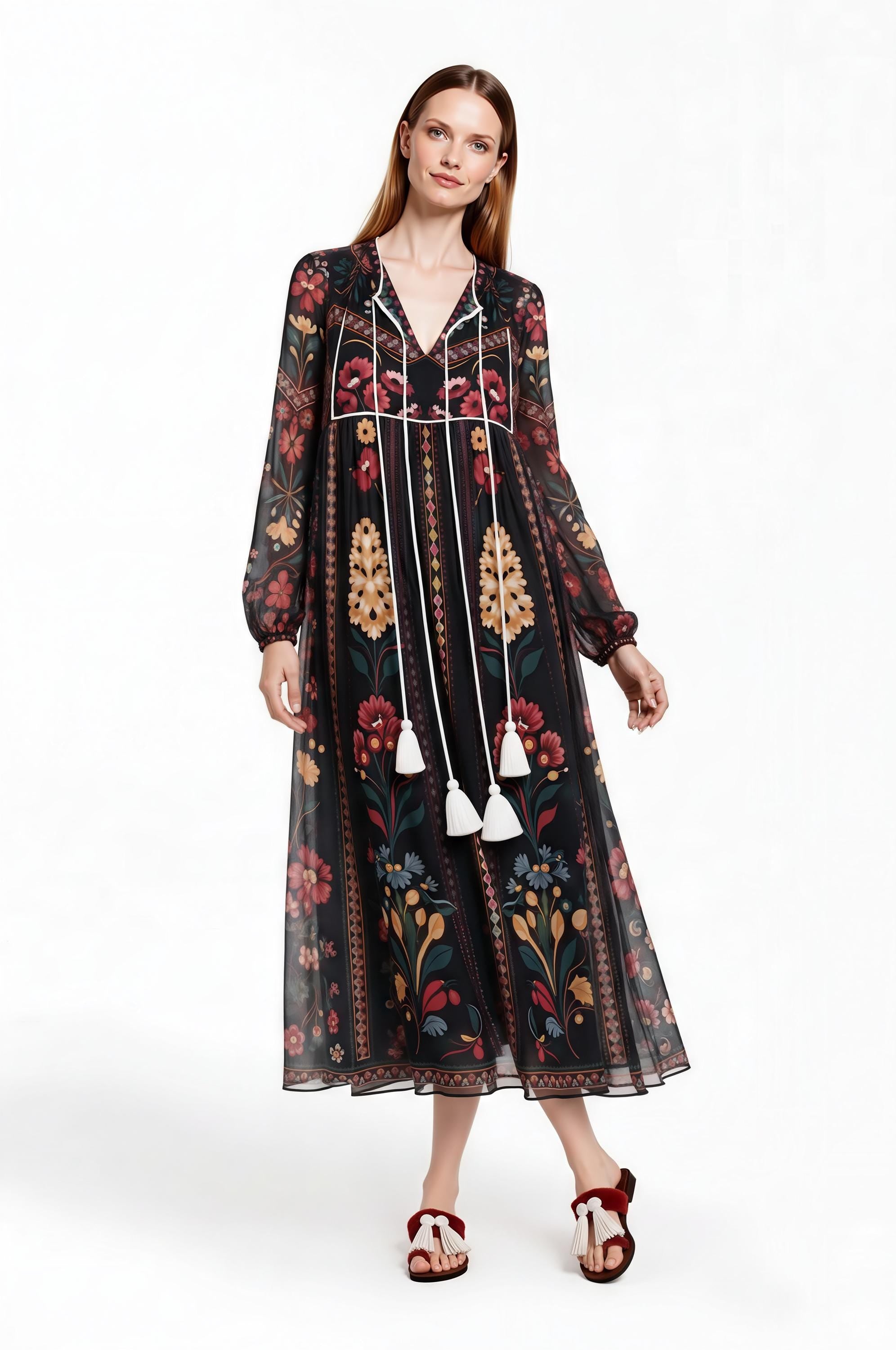 Black Floral Midi Dress, Relaxed A-Line, Tassel Tie, Long Sleeve Vacation Garden Print __etsy:8065874234