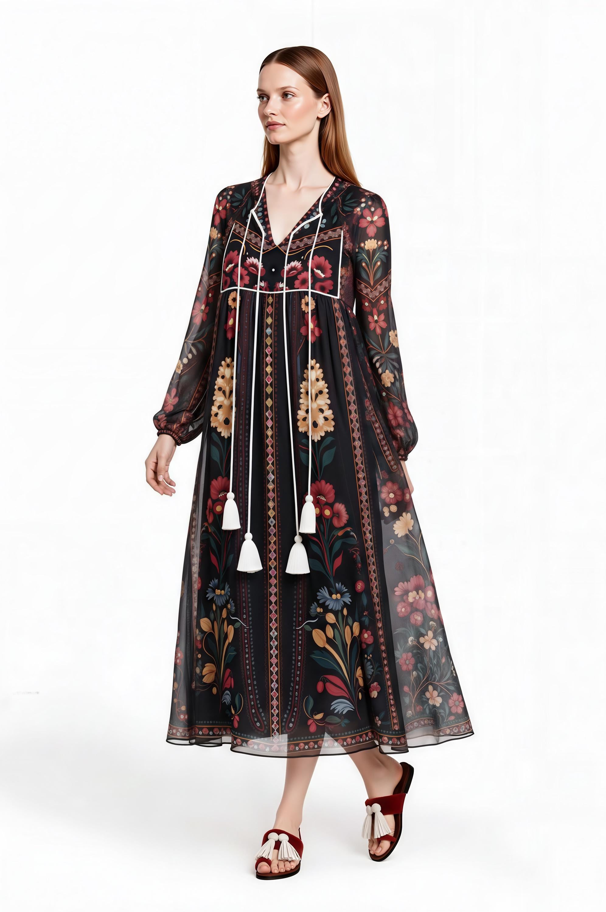 Black Floral Midi Dress, Relaxed A-Line, Tassel Tie, Long Sleeve Vacation Garden Print __etsy:8065874236