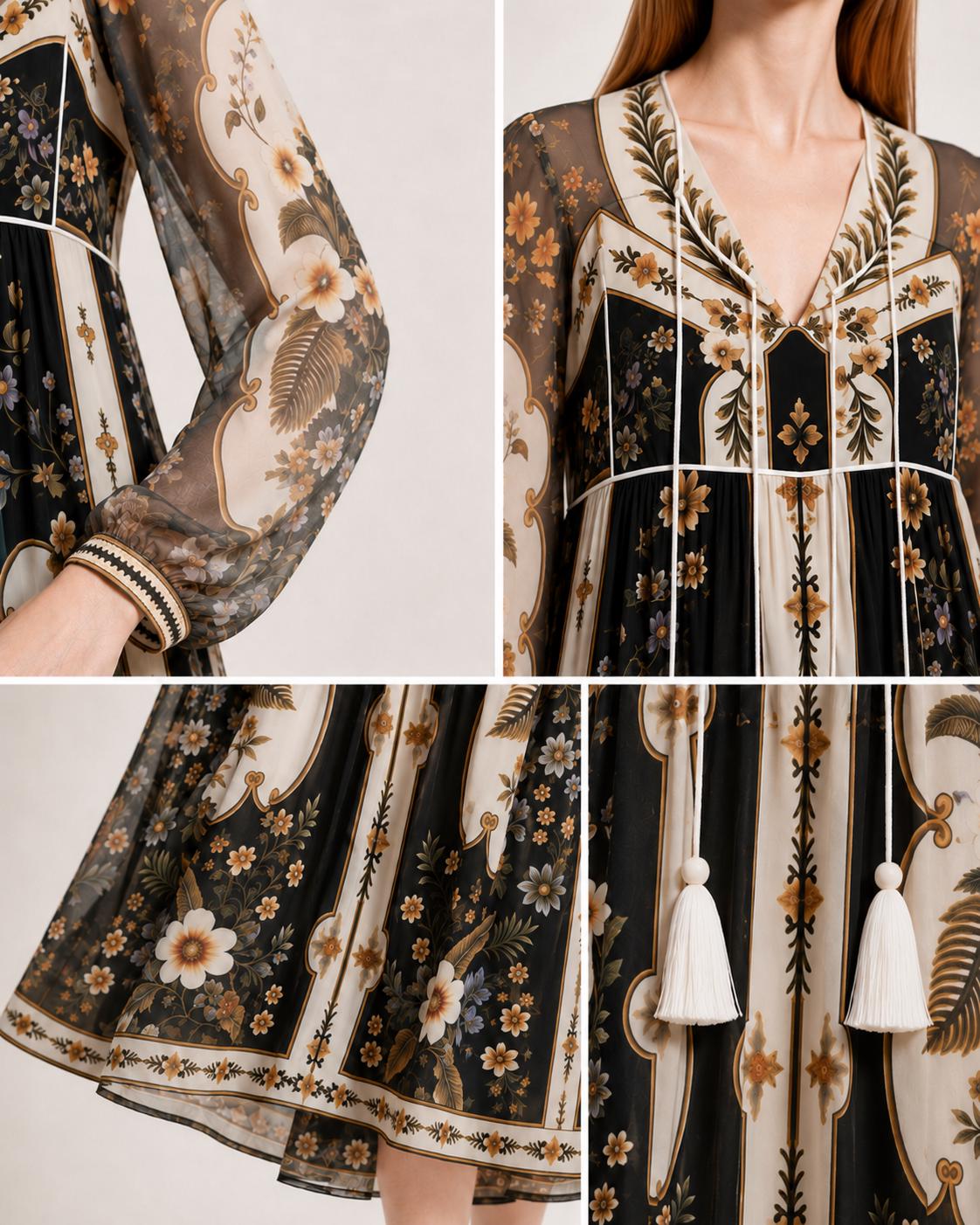 Black Ivory Floral Chiffon Midi Dress, Long Sleeve Tassel Tie Boho Resort A-Line