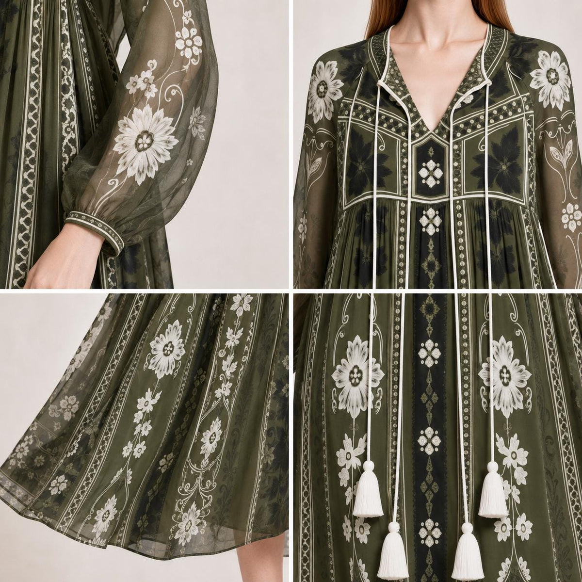 Olive Green Floral Chiffon Midi Dress, Long Sleeves and Tassel Tie
