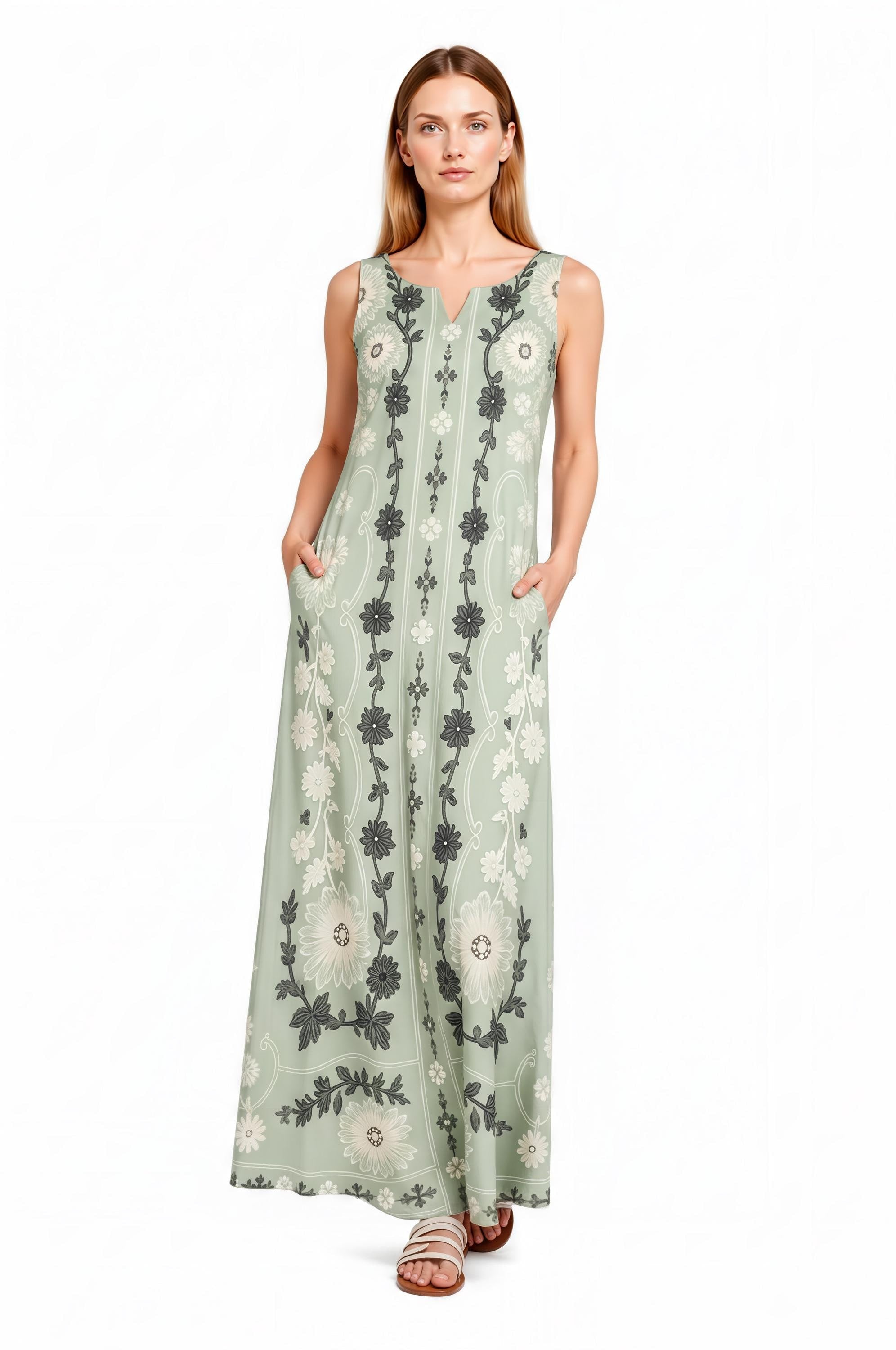Sage Green Floral Maxi Dress, Sleeveless A-Line, Vintage Border Print, Resort Summer (Pockets)