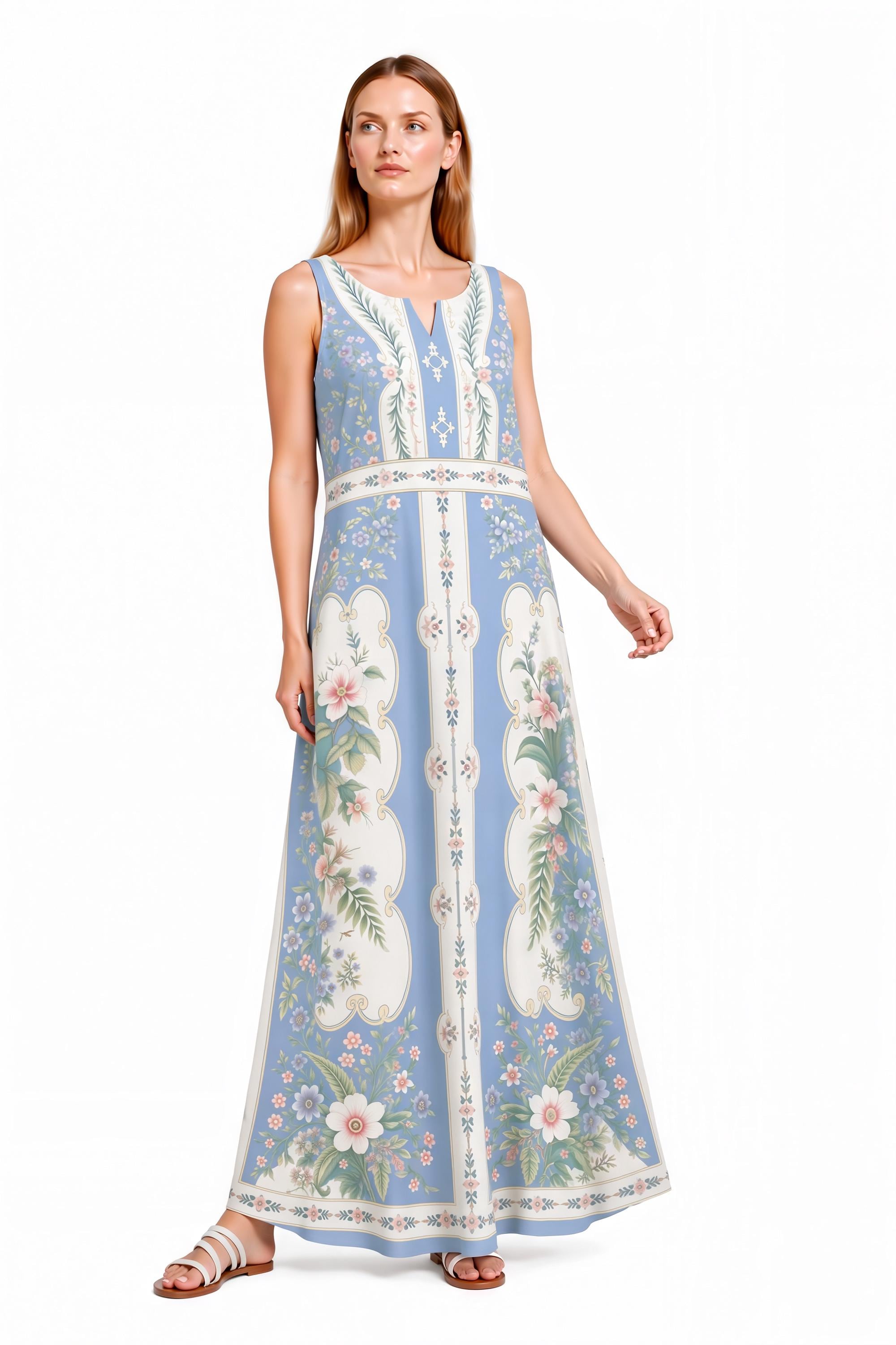 Blue Floral Maxi Dress, Sleeveless A-Line, Vintage Border Print, Resort Summer Garden