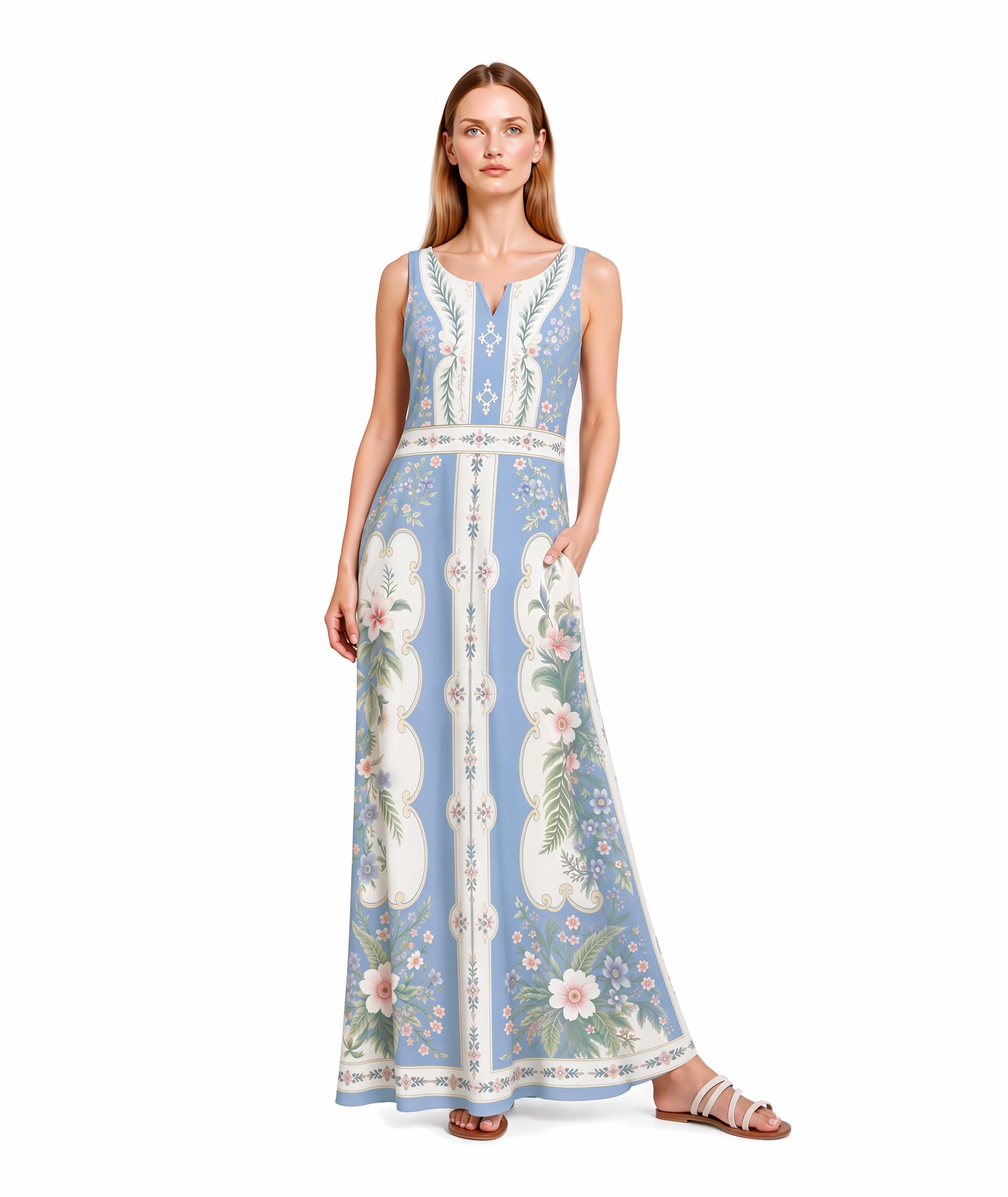 Blue Floral Maxi Dress, Sleeveless A-Line, Vintage Border Print, Resort Summer Garden