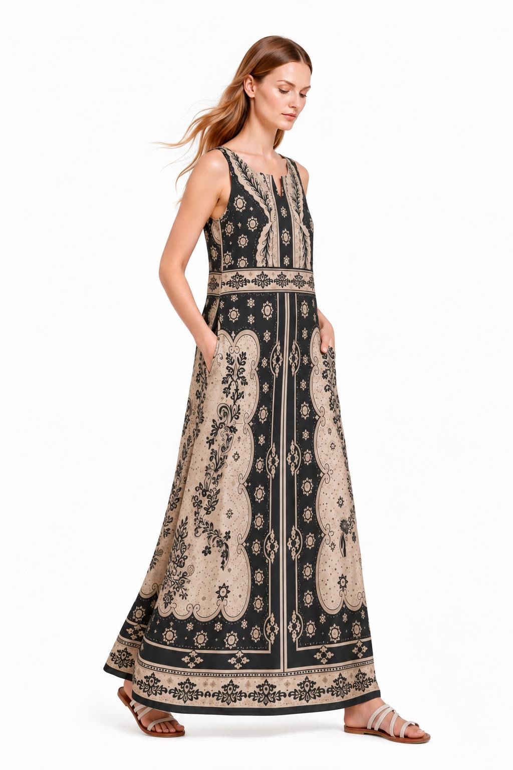 Black Ivory Maxi Dress, Sleeveless A-Line, Vintage Border Print, Resort Garden Party