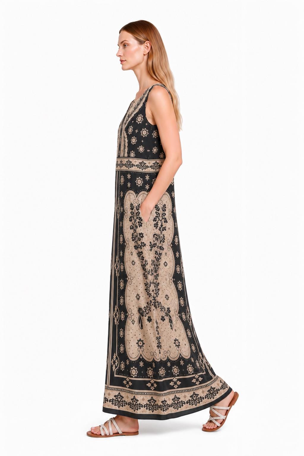 Black Ivory Maxi Dress, Sleeveless A-Line, Vintage Border Print, Resort Garden Party
