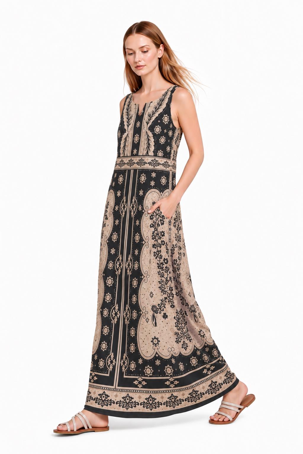 Black Ivory Maxi Dress, Sleeveless A-Line, Vintage Border Print, Resort Garden Party
