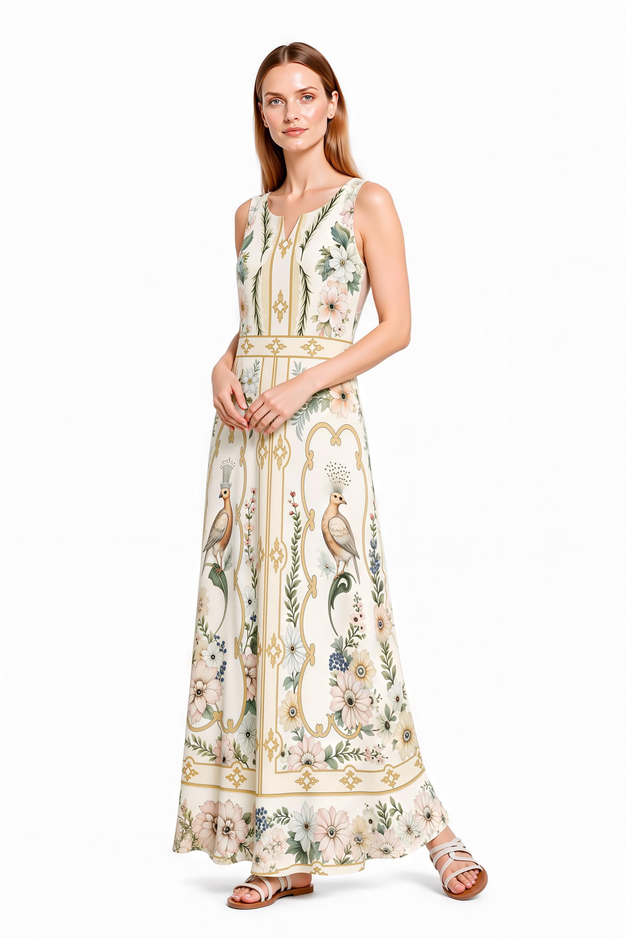 Ivory Floral Bird Maxi Dress, Sleeveless Vintage Border Print Resort Garden Party Dress