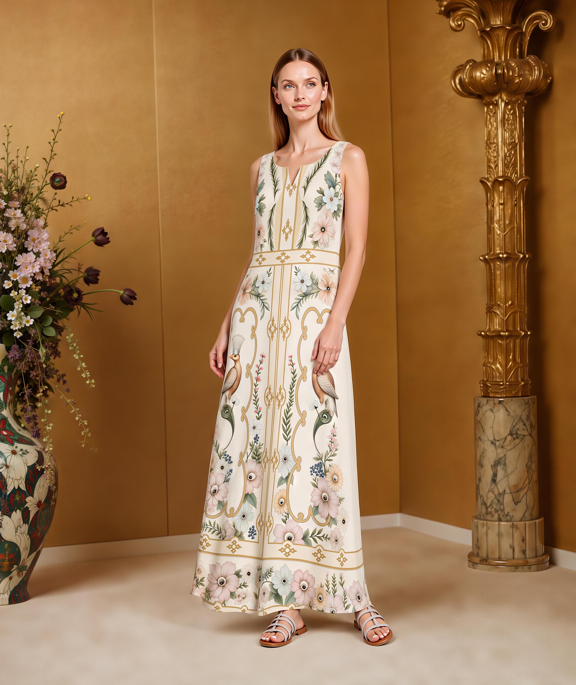 Ivory Floral Bird Maxi Dress, Sleeveless Vintage Border Print Resort Garden Party Dress
