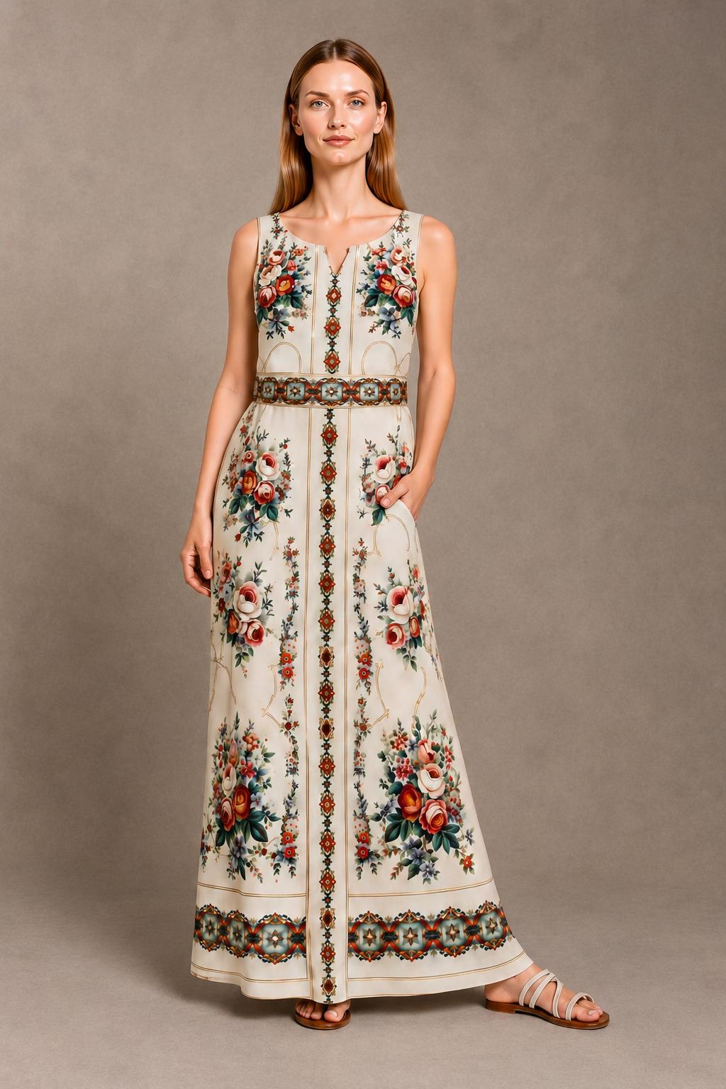 Ivory Rose Maxi Dress, Sleeveless Floral A-Line, Vintage Border Print, Resort Garden Party