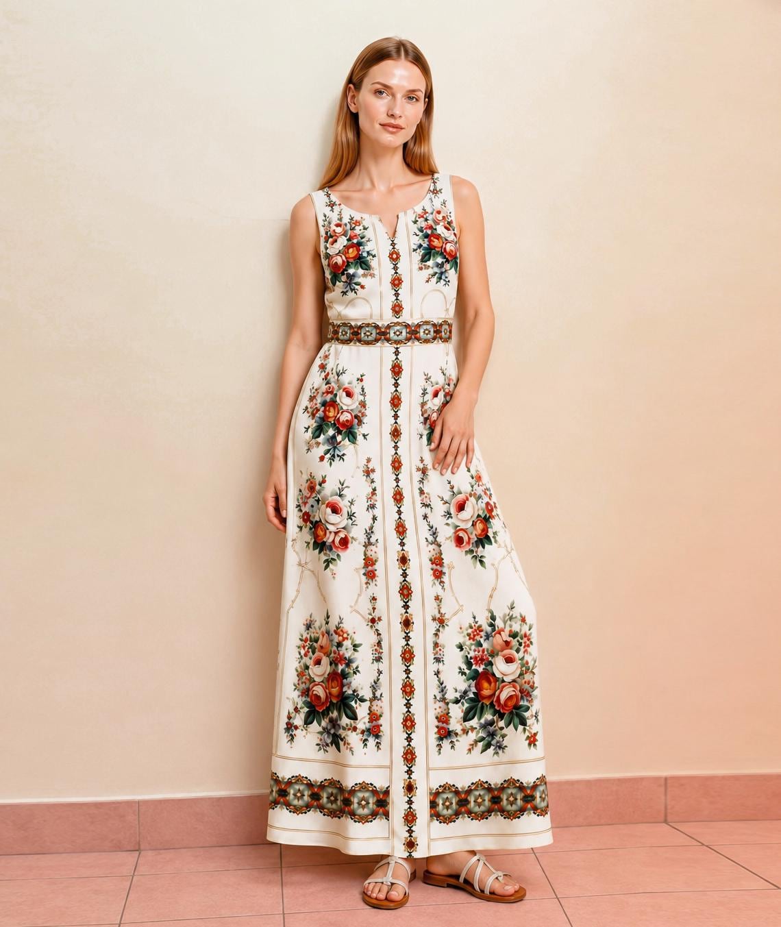 Ivory Rose Maxi Dress, Sleeveless Floral A-Line, Vintage Border Print, Resort Garden Party