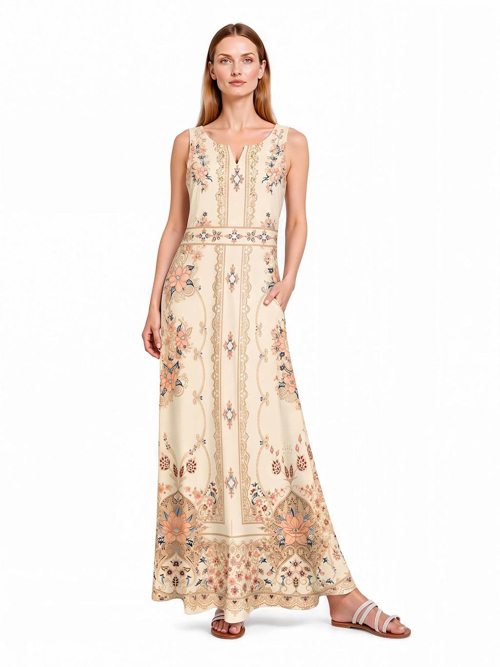 Ivory Boho Maxi Dress, Sleeveless Floral Border Print, A-Line Resort Summer Dress
