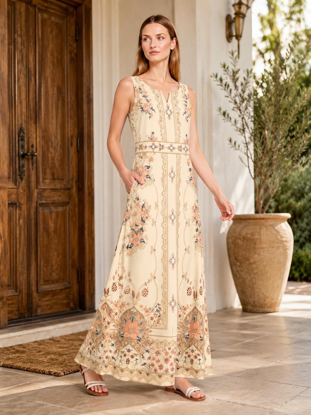 Ivory Boho Maxi Dress, Sleeveless Floral Border Print, A-Line Resort Summer Dress