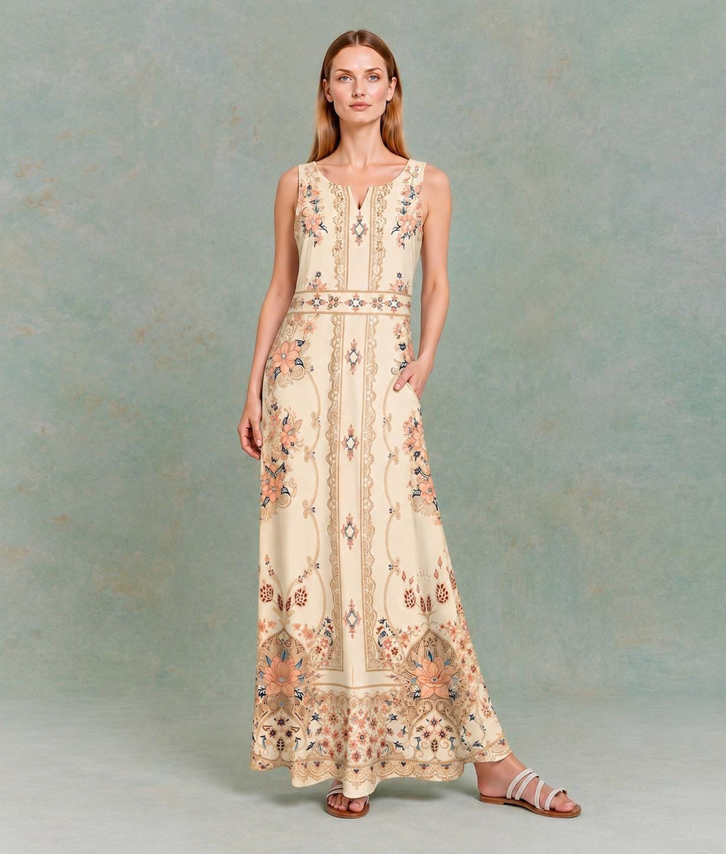 Ivory Boho Maxi Dress, Sleeveless Floral Border Print, A-Line Resort Summer Dress