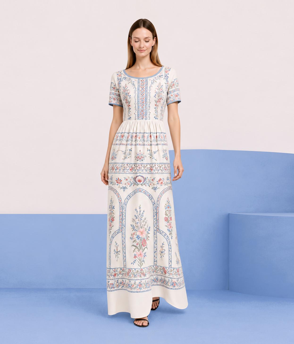 Ivory Floral Maxi Dress, Vintage Border Print, Short Sleeve Garden Party Resort Wear