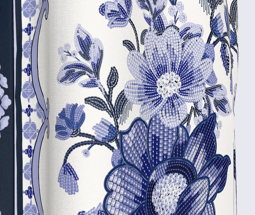 Blue White Maxi Dress, Sleeveless A-Line, Beaded Border Print, Resort Summer Pockets