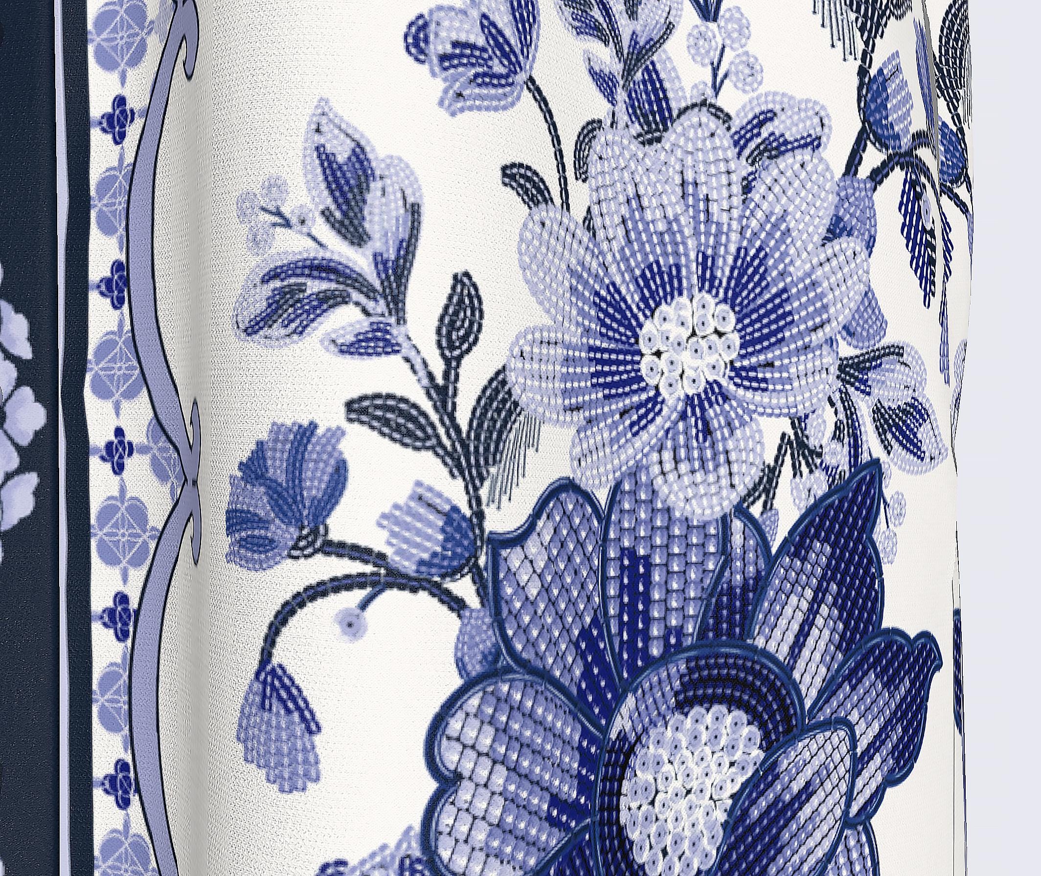 Blue White Maxi Dress, Sleeveless A-Line, Beaded Border Print, Resort Summer Pockets
