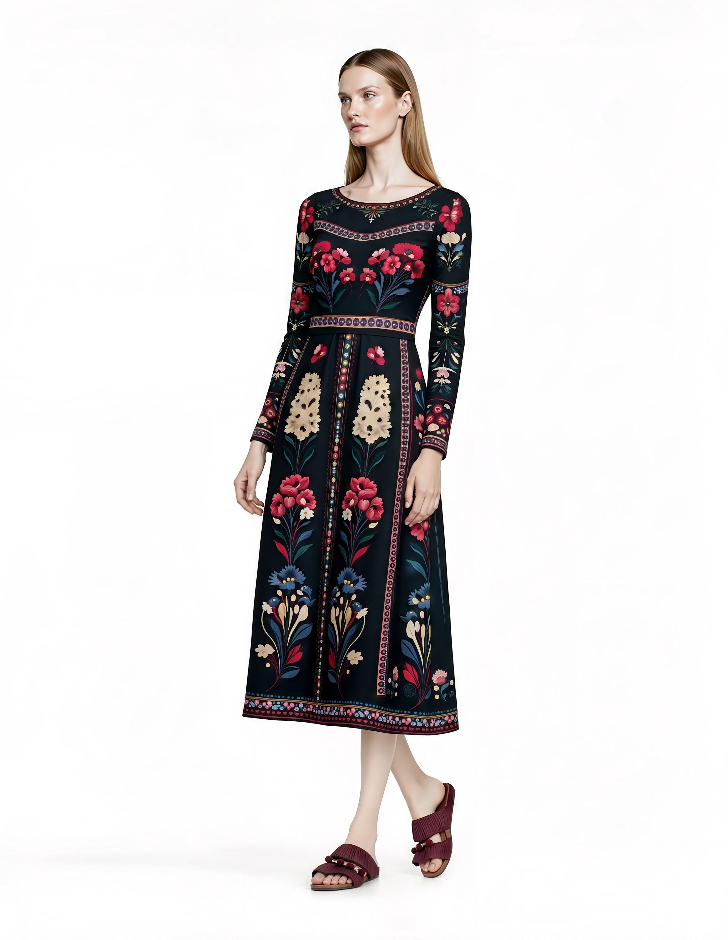 May include: A long-sleeved, midi-length dress with a dark background and a floral pattern in red, blue, and cream. The dress features a round neckline and a fitted waist. The floral design is repeated on the sleeves and hem. __etsy:8079796894