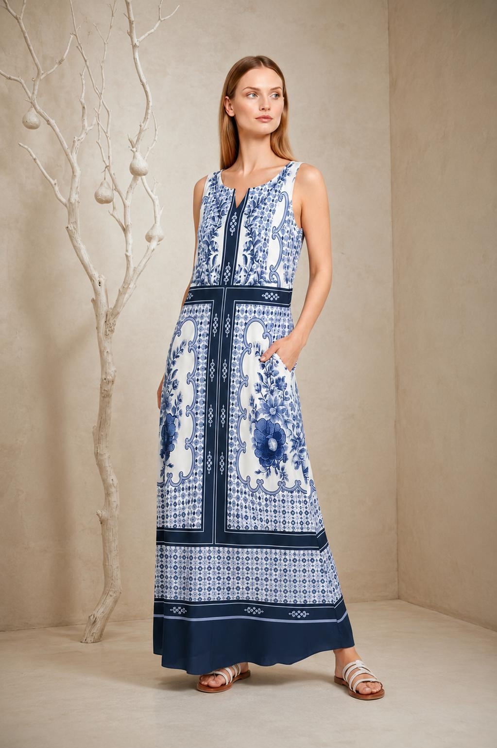 Blue White Maxi Dress, Sleeveless A-Line, Beaded Border Print, Resort Summer Pockets