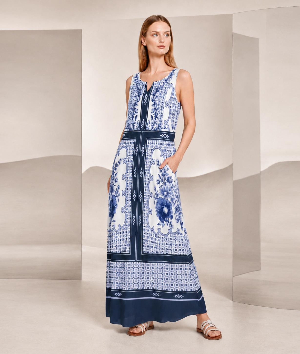 Blue White Maxi Dress, Sleeveless A-Line, Beaded Border Print, Resort Summer Pockets