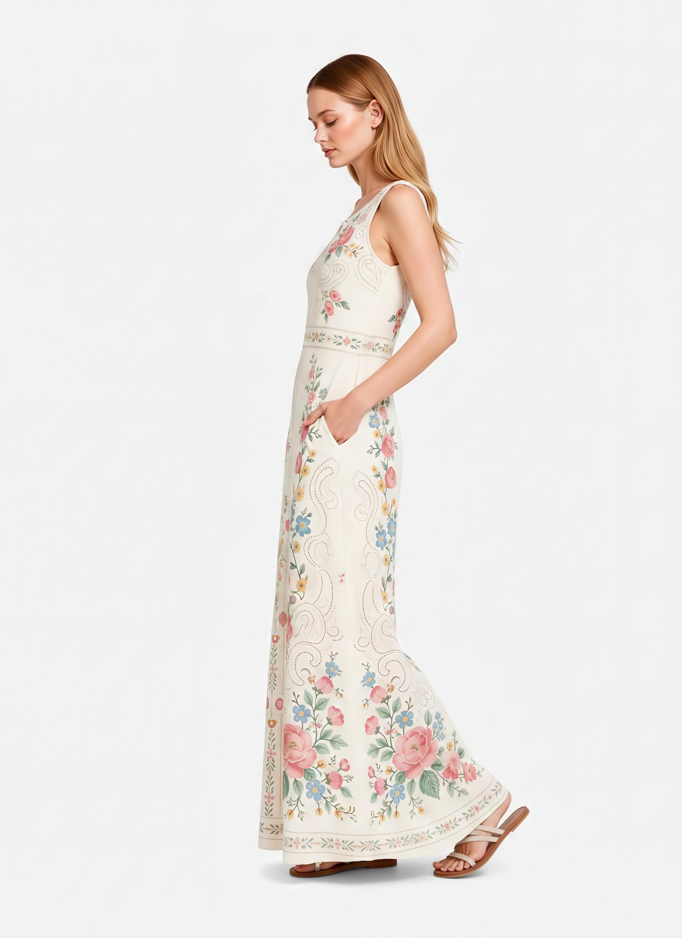 Ivory Floral Maxi Dress, Sleeveless A-Line, Pink Rose Folk Print, Garden Party Resort Wear