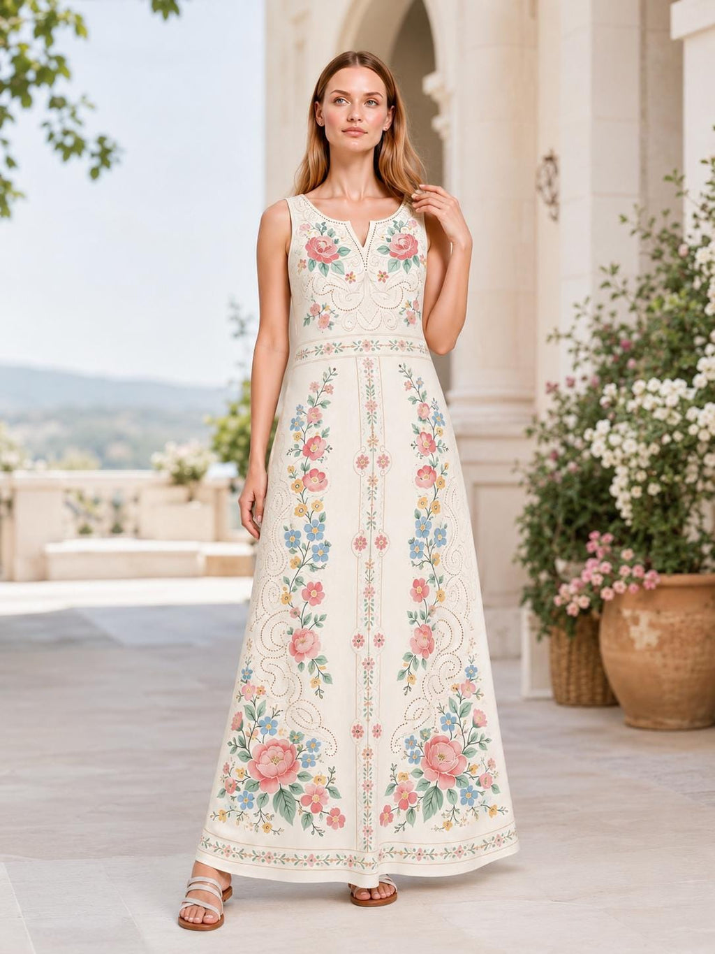 Ivory Floral Maxi Dress, Sleeveless A-Line, Pink Rose Folk Print, Garden Party Resort Wear