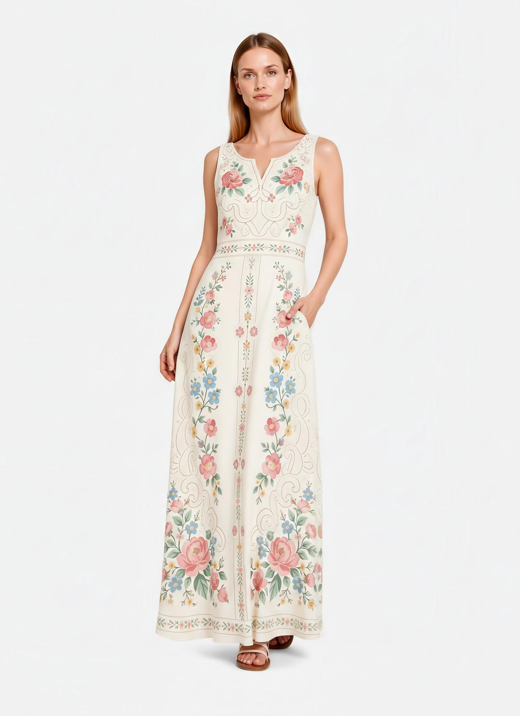 Ivory Floral Maxi Dress, Sleeveless A-Line, Pink Rose Folk Print, Garden Party Resort Wear