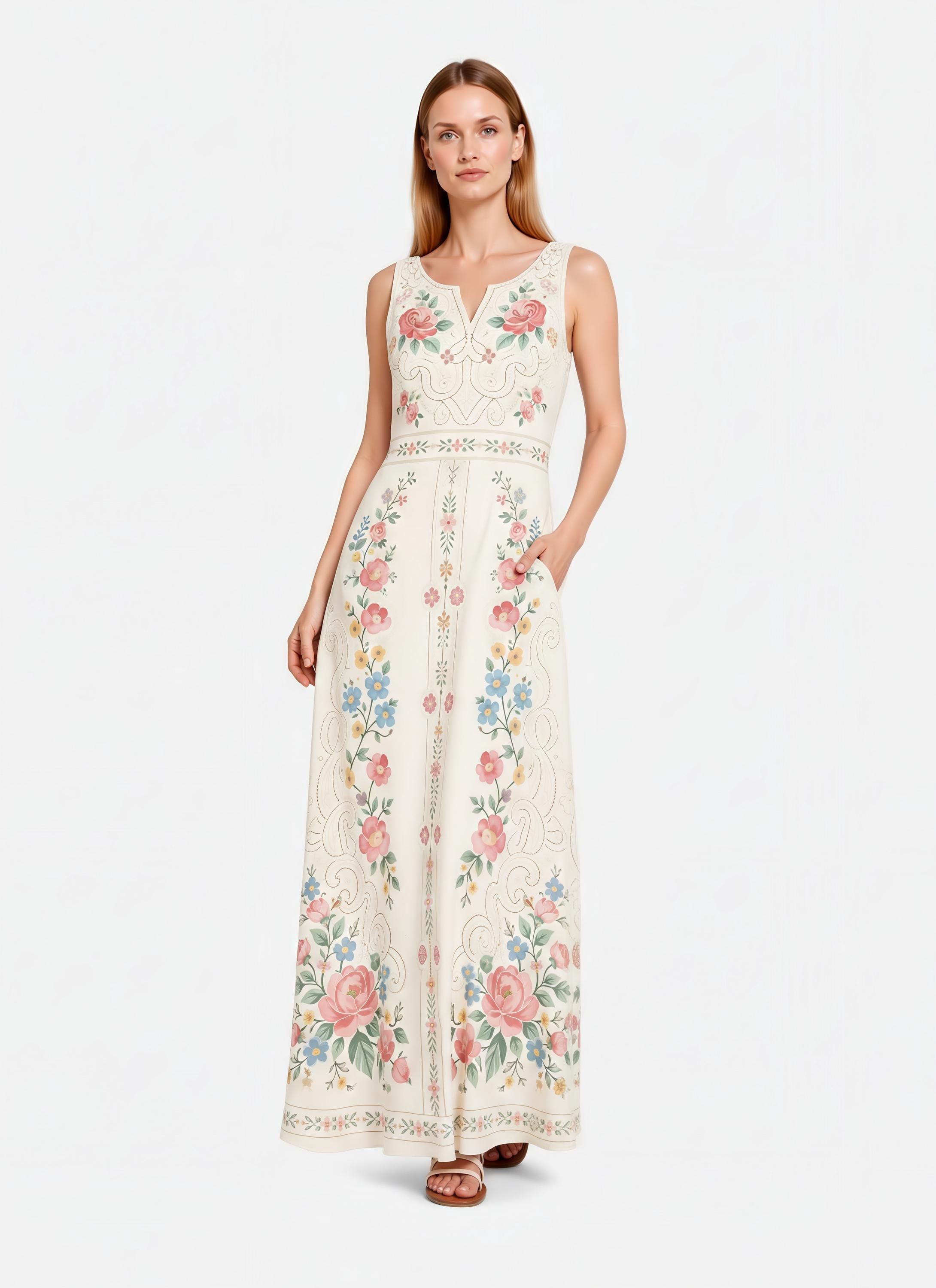 Ivory Floral Maxi Dress, Sleeveless A-Line, Pink Rose Folk Print, Garden Party Resort Wear