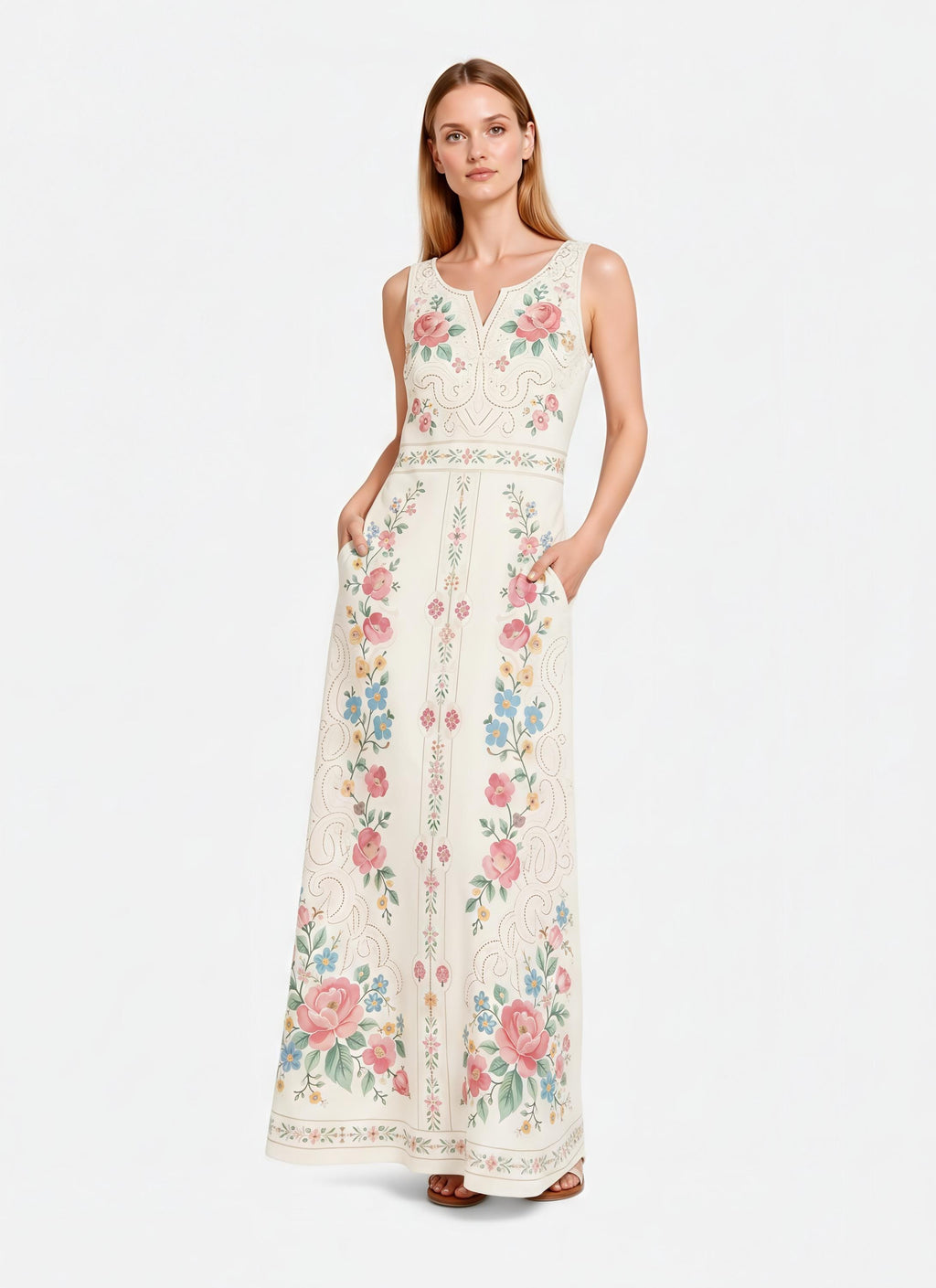 Ivory Floral Maxi Dress, Sleeveless A-Line, Pink Rose Folk Print, Garden Party Resort Wear