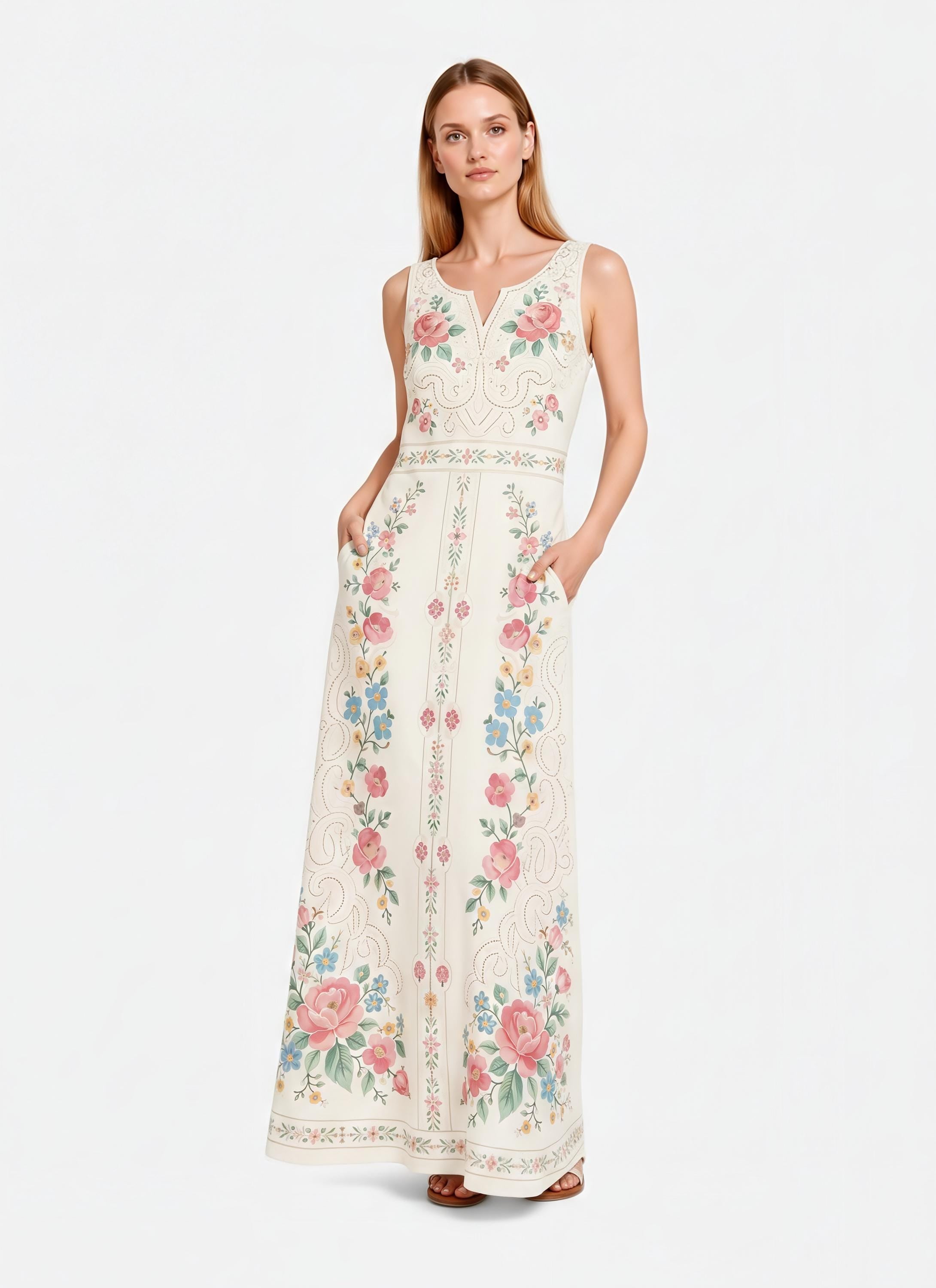 Ivory Floral Maxi Dress, Sleeveless A-Line, Pink Rose Folk Print, Garden Party Resort Wear