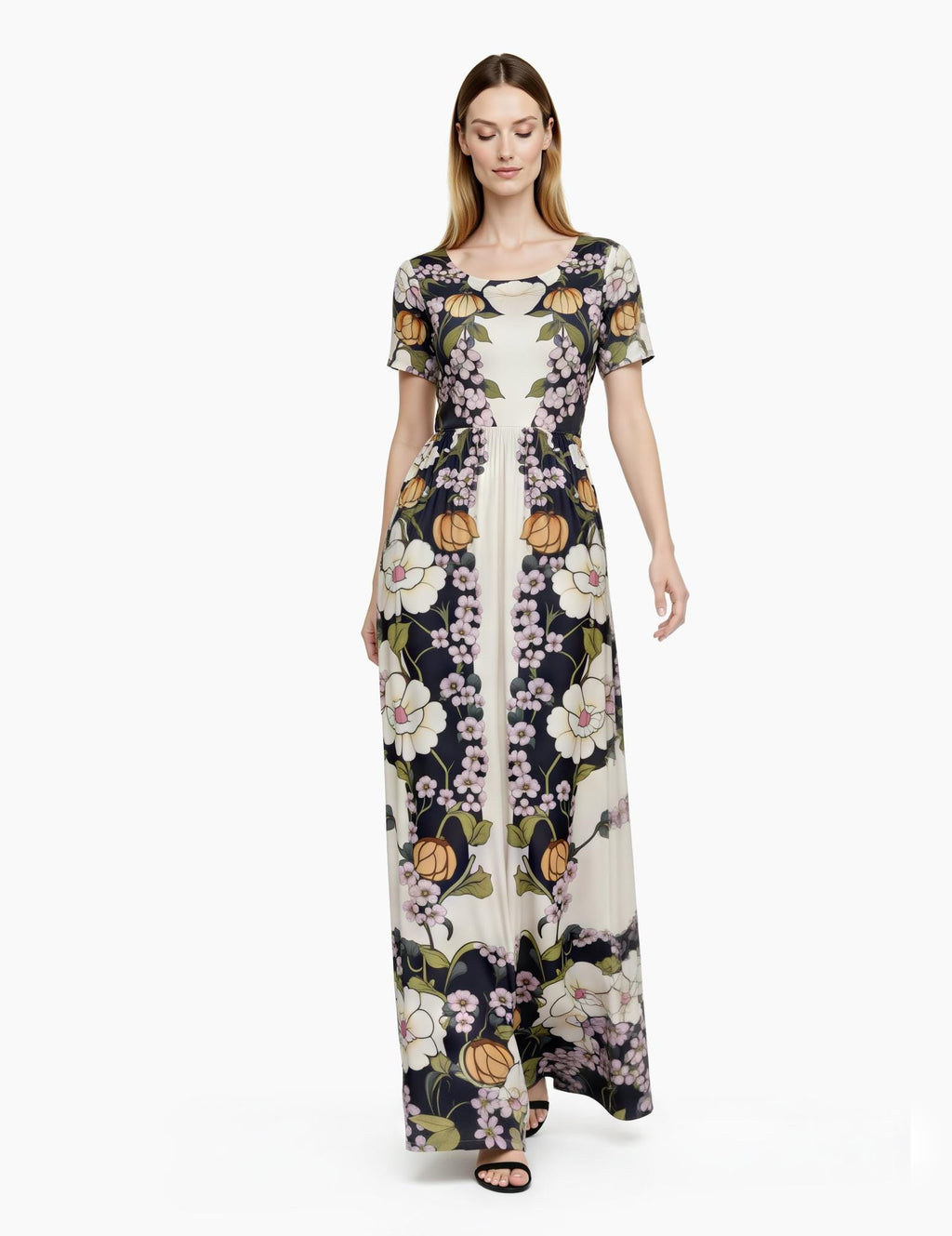 May include: A floor-length dress with a floral pattern. The dress features a scoop neckline and short sleeves. The floral design includes white, orange, and purple flowers against a dark navy background. The dress is made of a flowing fabric. __etsy:8101767569