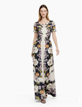 May include: A floor-length dress with a floral pattern. The dress features a scoop neckline and short sleeves. The floral design includes white, orange, and purple flowers against a dark navy background. The dress is made of a flowing fabric. __etsy:8101767569