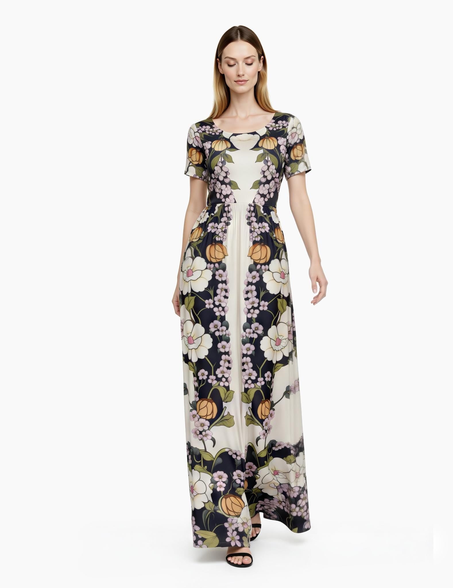 May include: A floor-length dress with a floral pattern. The dress features a scoop neckline and short sleeves. The floral design includes white, orange, and purple flowers against a dark navy background. The dress is made of a flowing fabric. __etsy:8101767569