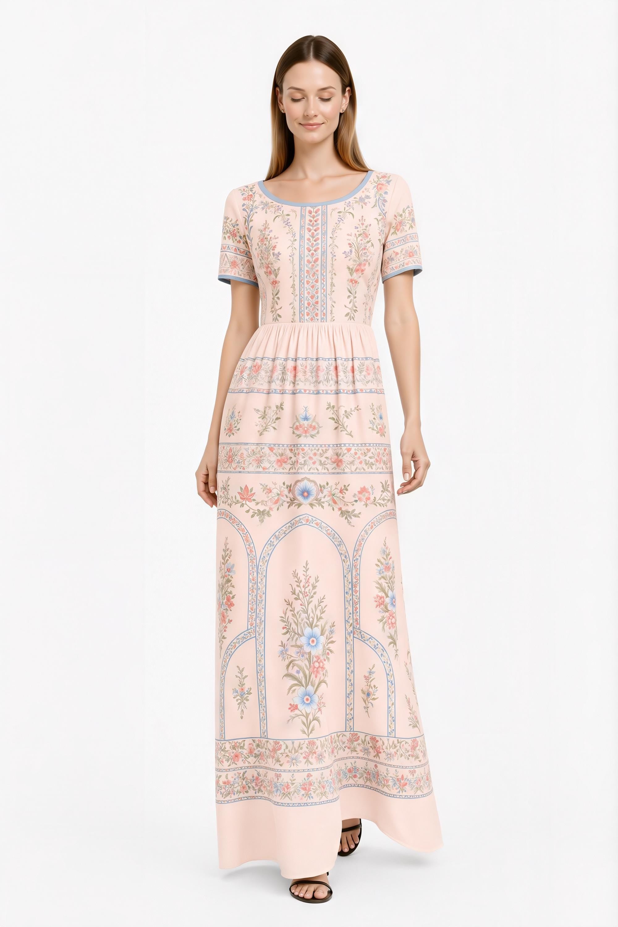 Ivory Floral Maxi Dress, Vintage Border Print, Short Sleeve Garden Party Resort Wear
