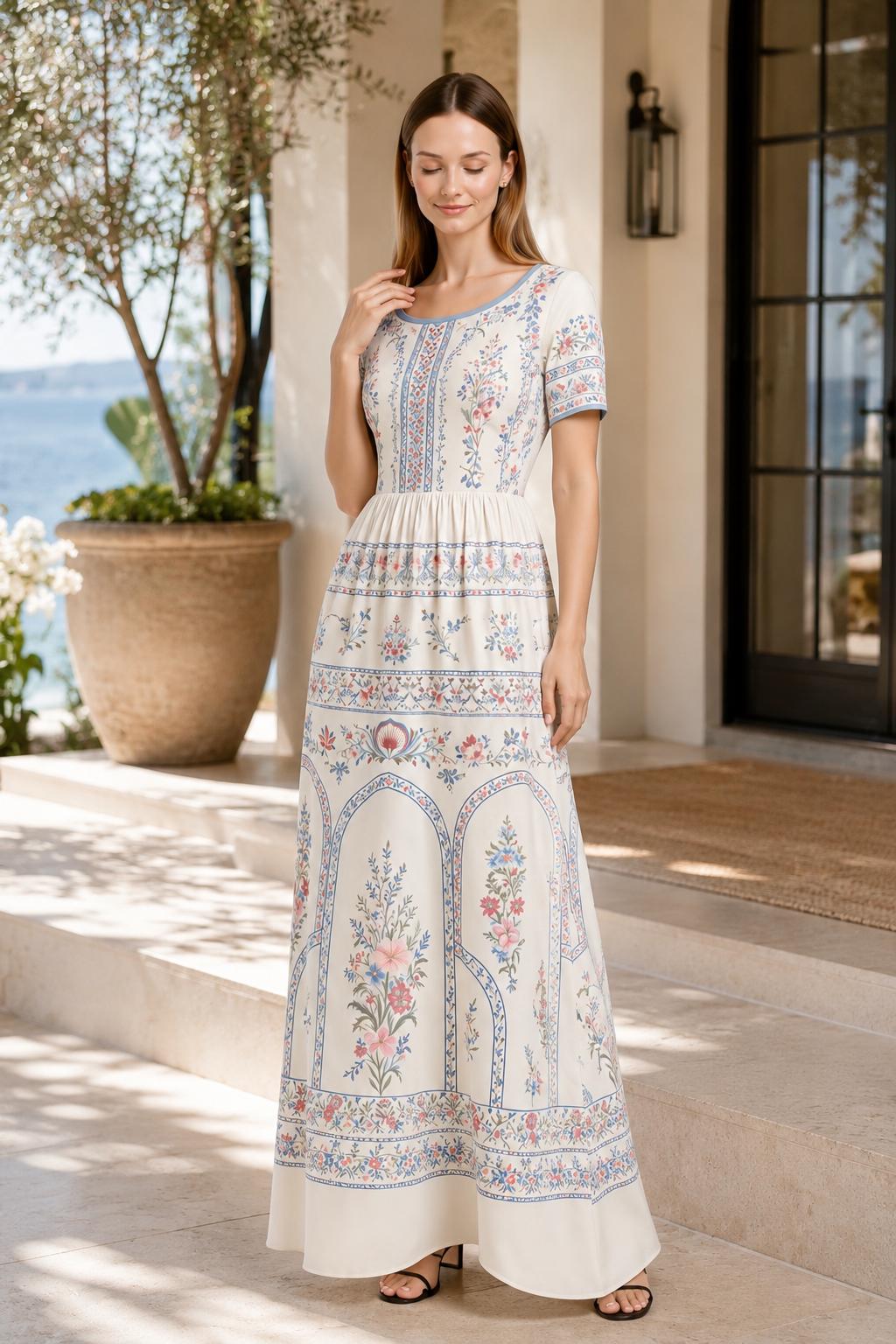 Ivory Floral Maxi Dress, Vintage Border Print, Short Sleeve Garden Party Resort Wear