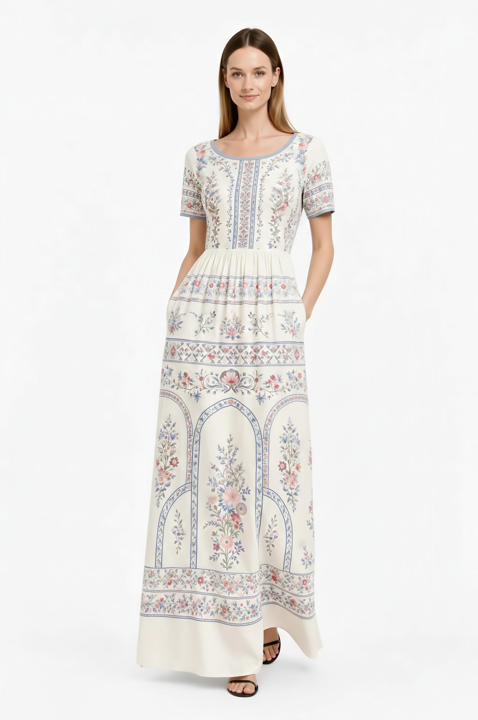Ivory Floral Maxi Dress, Vintage Border Print, Short Sleeve Garden Party Resort Wear