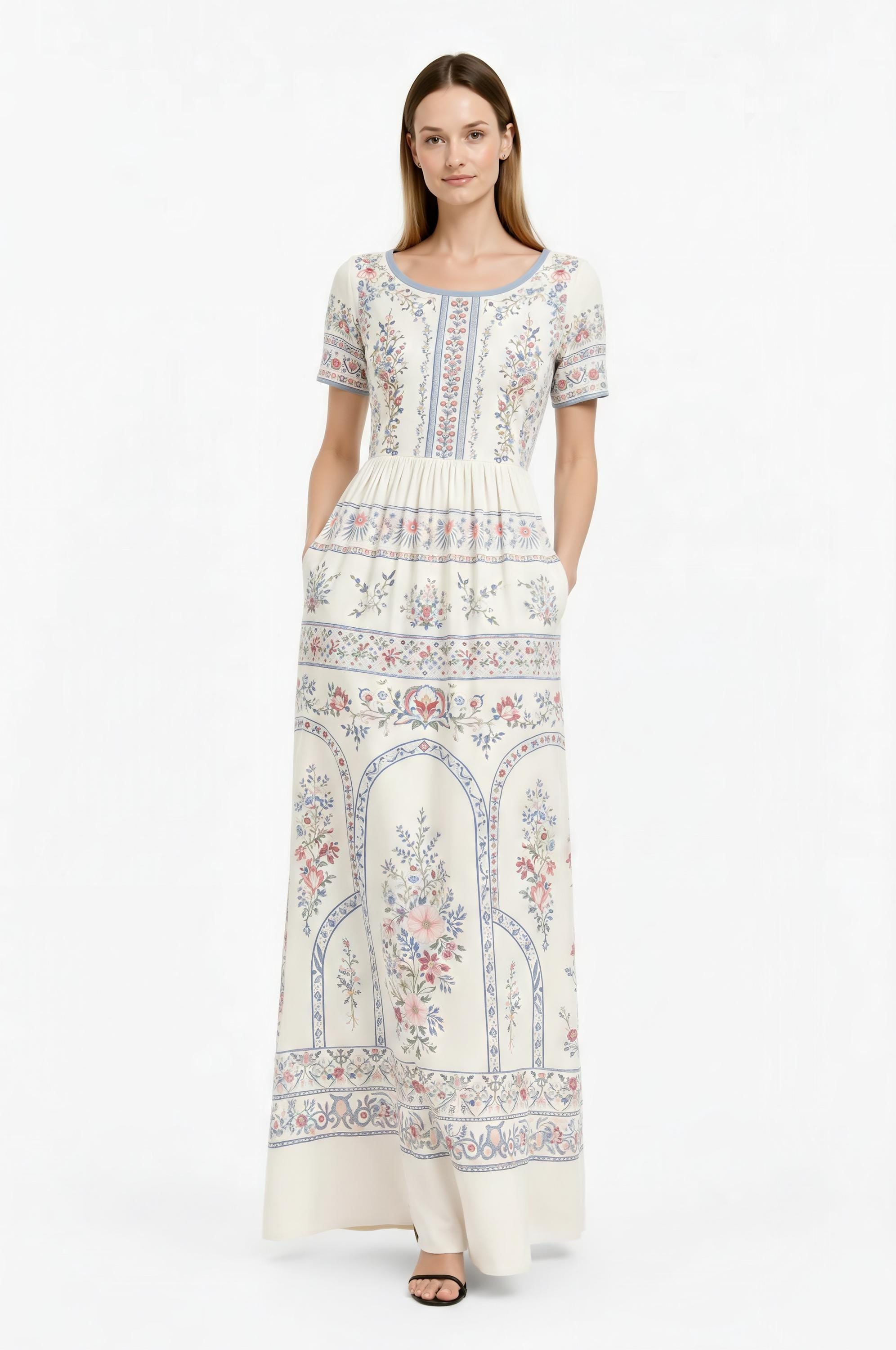 Ivory Floral Maxi Dress, Vintage Border Print, Short Sleeve Garden Party Resort Wear