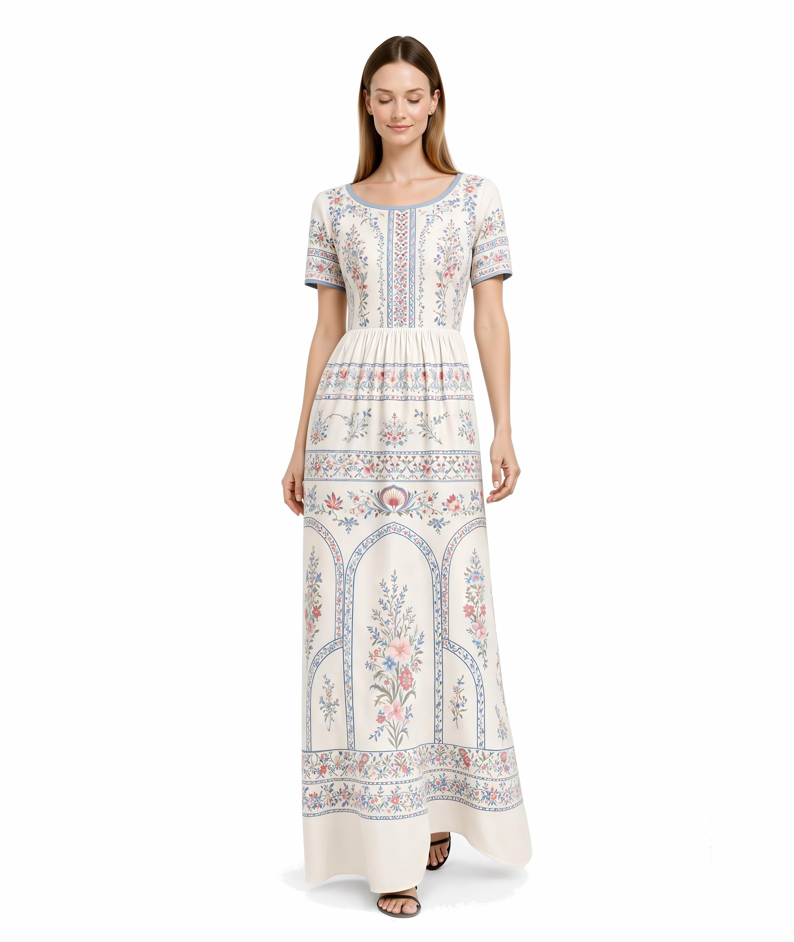 Ivory Floral Maxi Dress, Vintage Border Print, Short Sleeve Garden Party Resort Wear