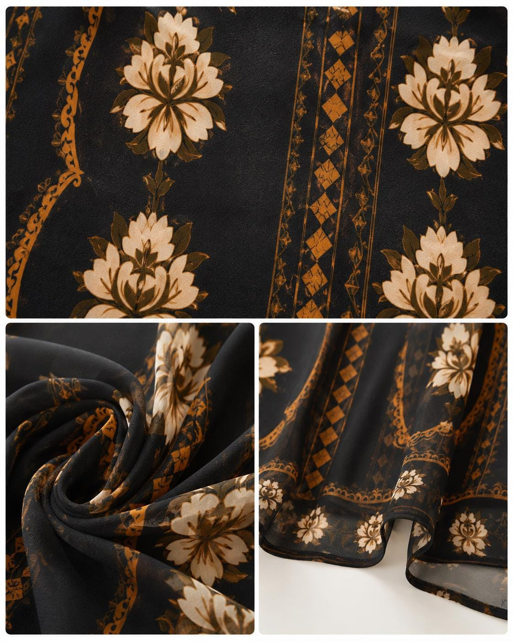 Black Floral Midi Dress, Long Sleeve Boho Tassel Tie, Relaxed A-Line Chiffon Resort Wear
