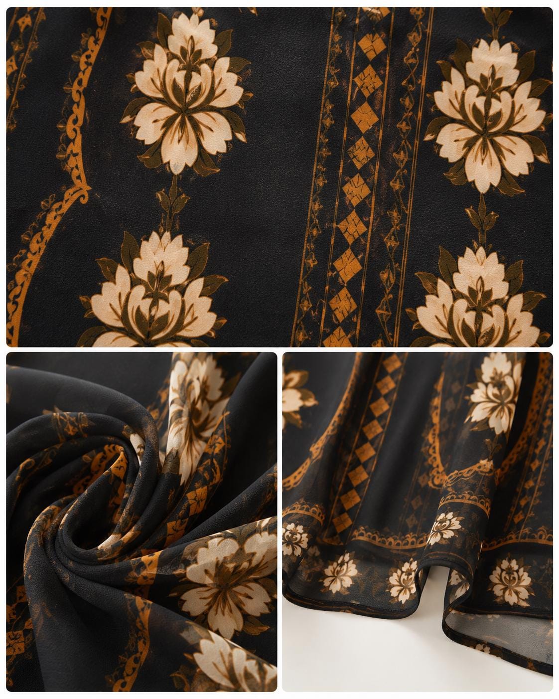 Black Floral Midi Dress, Long Sleeve Boho Tassel Tie, Relaxed A-Line Chiffon Resort Wear
