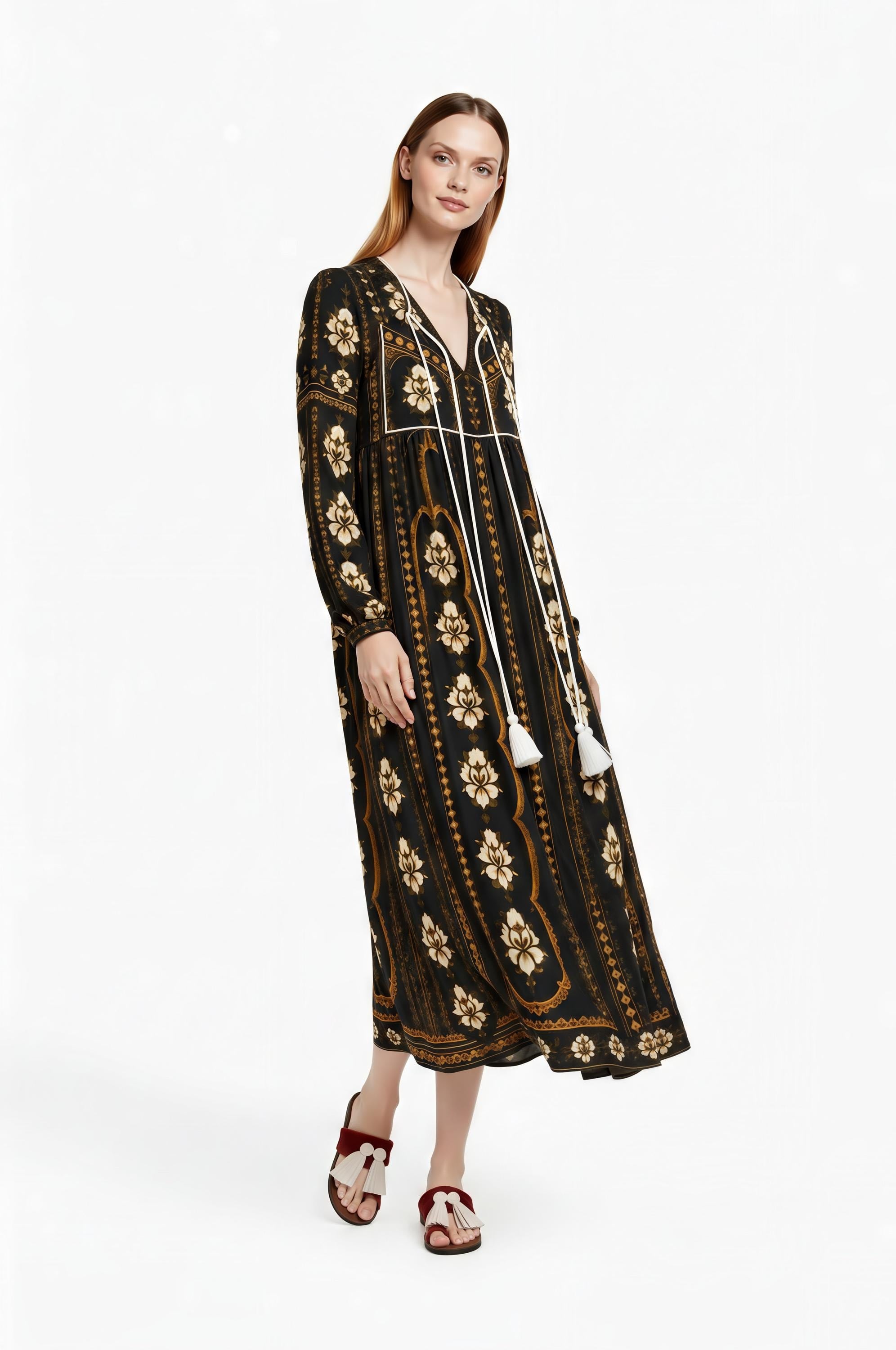 Black Floral Midi Dress, Long Sleeve Boho Tassel Tie, Relaxed A-Line Chiffon Resort Wear